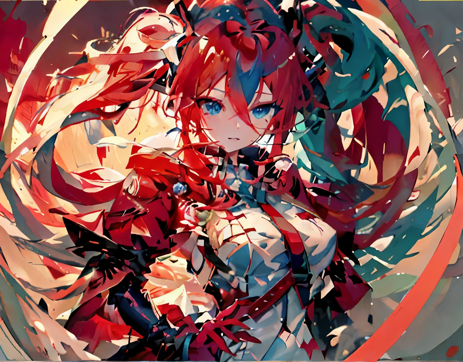 anime girl with red hair and blue eyes holding a sword, anime style 4 k, digital art on pixiv, anime art wallpaper 4 k, anime art wallpaper 4k, beautiful anime artwork, anime styled digital art, anime art wallpaper 8 k, detailed digital anime art, digital anime art, anime wallpaper 4 k, anime wallpaper 4k, beautiful anime art,miku