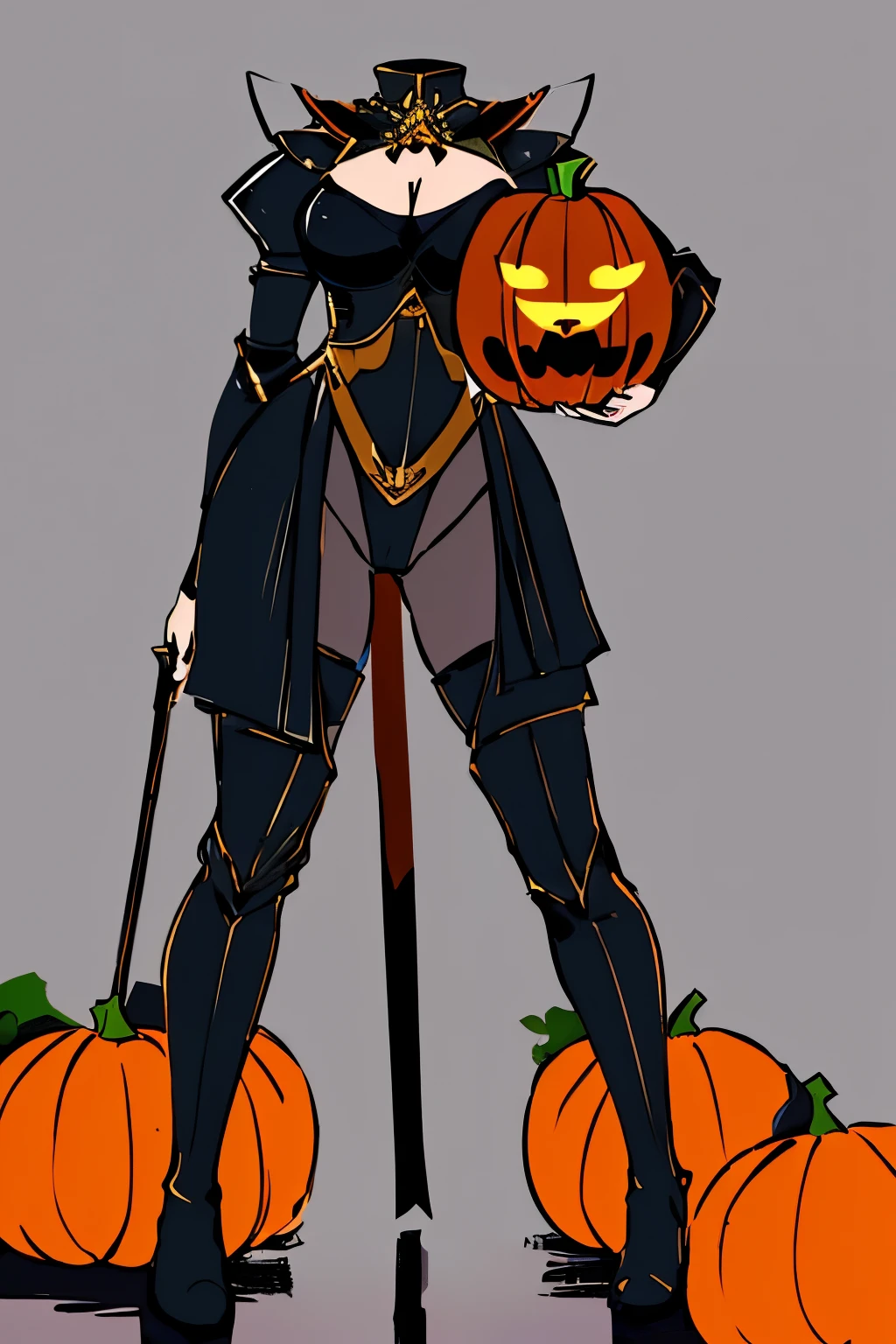 Highly detailed, High Quality, Masterpiece, beautiful, DisembodiedHead, 1girl, solo, headless, dullahan, knight, cleavage, armor, chest plate, leotard, pantyhose, knee high boots, holding one pumpkin, standing,
