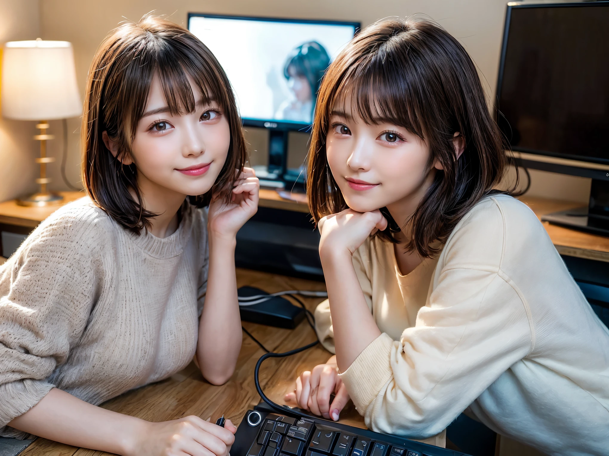 ((masterpiece)), ((highest quality)), (Super detailed), ((very detailed)), 4k, (8k), highest quality, (beautiful), shape, anime style, hyper genuineistic, genuine, dynamic angle, (((close))), thick outline, clear outline,  (two girls, two cute girls:1.5), (casual wear:1.3), beautiful light brown hair, beautiful brown eyes, ((beautiful eyes)), (super cute face:1.3), short hair, big breasts, light smile, (room, computer, monitor:1.5)