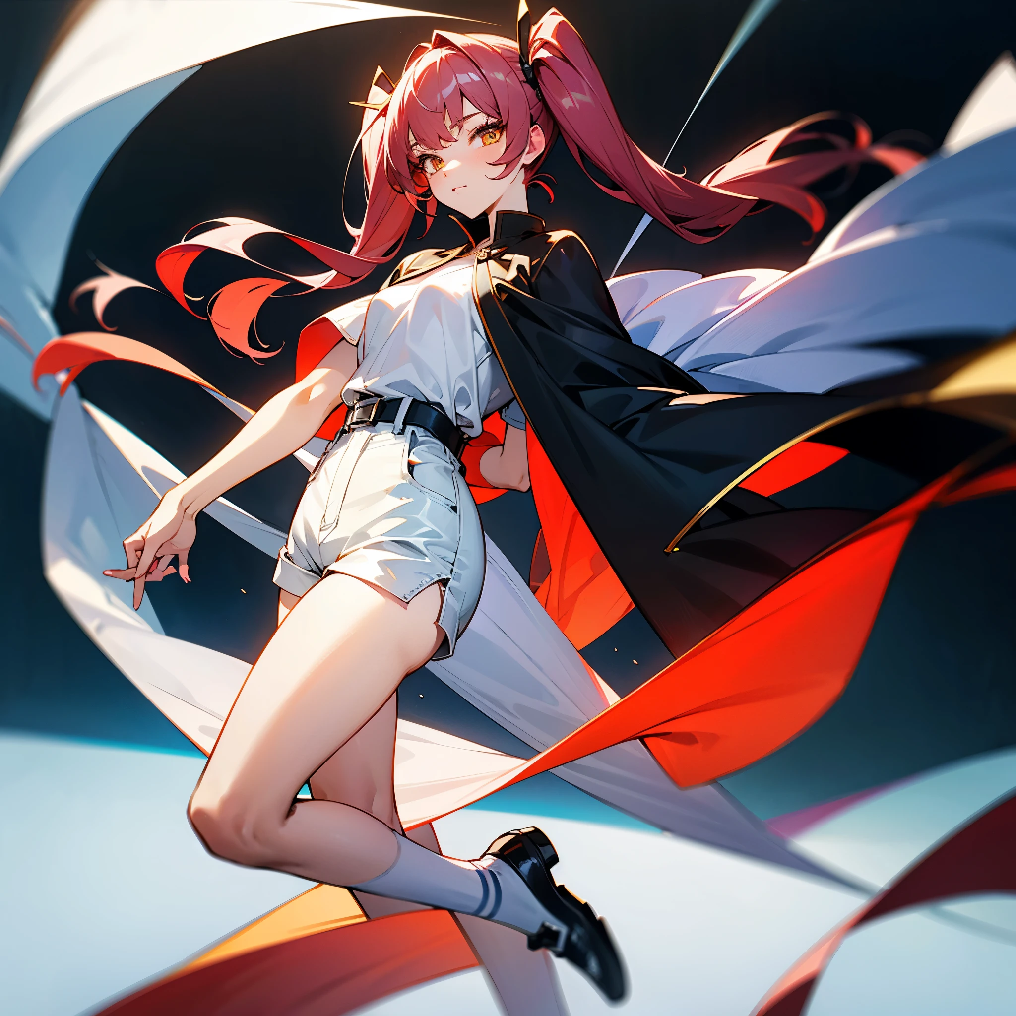 ung girl, red twintails, yellow eyes, white short shorts, white shirt, rose cape, white stockings, black shoes, looking at viewer, full length, absurdres, high res, ultrasharp, 8k, masterpiece