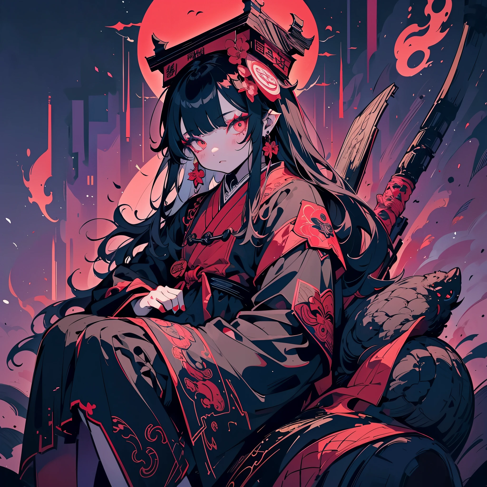 Chinese Gothic Punk、Jiangshi City style,Daughter of the Chinese emperor、Overwhelming intimidation、Put your hands in your sleeves,(comic noir style),(line drawing_anime),(solid color_high contrast),(table top, highest quality, ),(roller・バッド・ピクチャー:1.2),(Lora Add Details:1.2),8K, flat color:1.2,1 girl,Jiangshi City QUEEN SITTING ON A CRIMSON THRONE WEARING A HEAVY CLOAK,Jiangshi City,BEAUTY Jiangshi City、very long hair、Peking Opera style makeup,Luxurious costumes with beautiful embroidery_Dragon and phoenix embroidery:1.2,(roller:add more details:1.2)