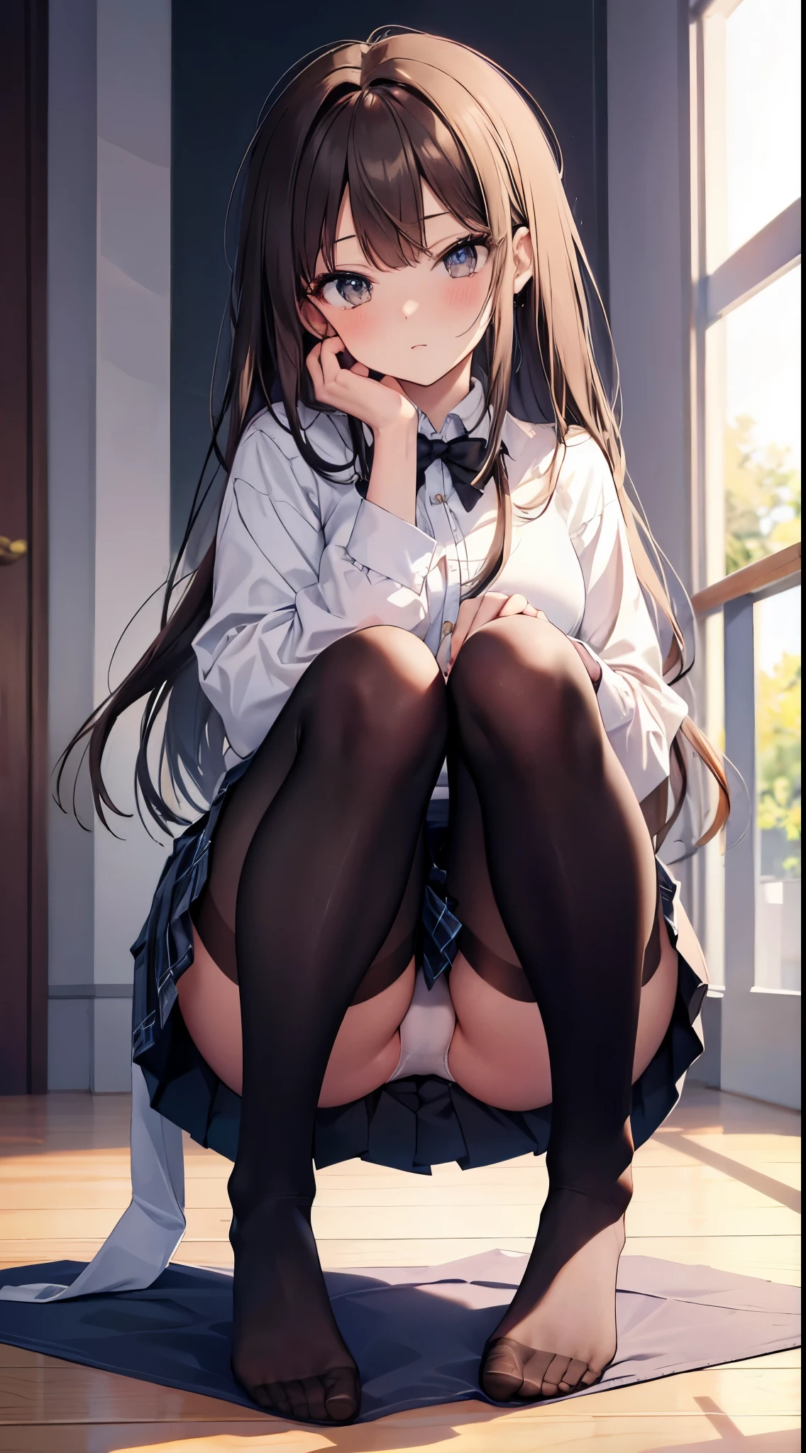 finest, masterpiece, High resolution, (Full body view from head to toe), front, frontやや下からの構図, symmetry, 18 year old tall girl, alone, (whole body from head to toe), (small breasts), Unkempt brown hair, bangs, (black tights), (black pantyhose), (sit with legs spread), (squatting pose), (Composition showing white panties), (her legs spread、I can see white panties.), (I was made to sit on the floor with my legs spread apart.), (M-shaped spread legs), thin legs, A very beautiful and tall 18 year old girl, (not wearing shoes), blush, shy big eyes, looking at camera, blazer uniform, plaid pleated skirt