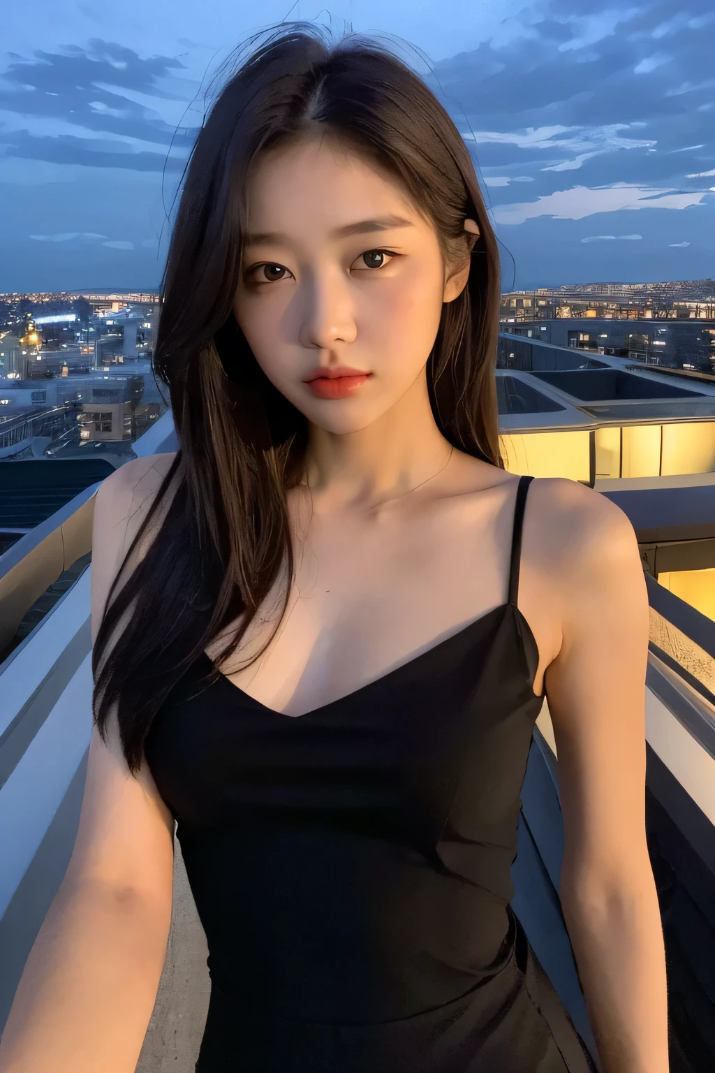 ((midnight, best quality, 8k, masterpiece:1.3)), whole body, long legs, sharp focus:1.2, beautiful woman, Perfect body:1.4, defined abs:1.1, ((Dark brown hair, 1.2)), (city environment:1.2), ((city night view, roof:1.3)), Highly detailed facial and skin textures, complicated eyes, double eyelids, Sunset, darken, backlight, bare shoulders