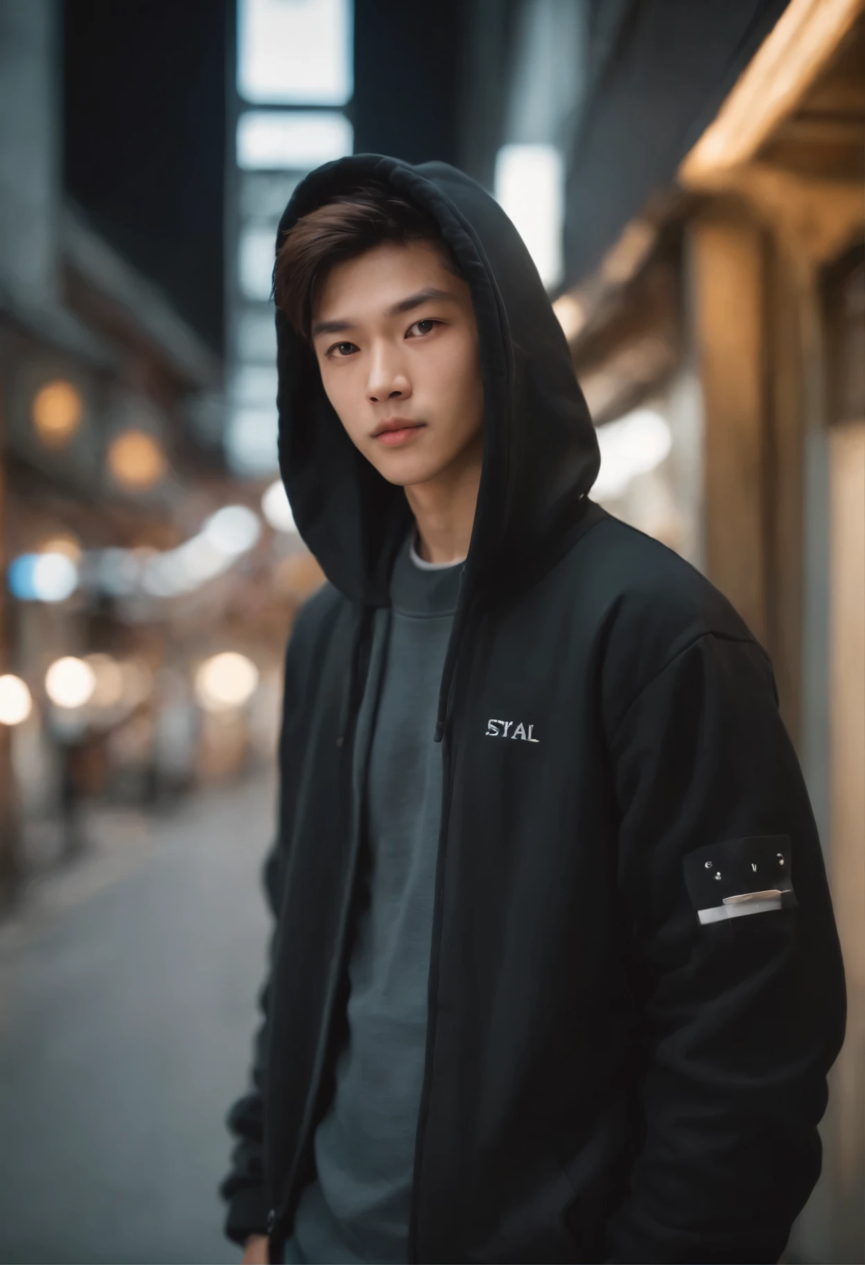 Realistic potrait in japan night streets, urban style, ultra detail masterpiece, pores detail :1.2, taken with sony a7 mark 4, korean boy 19 y o,skinny man, ( potrait: 0.5), candid men possing, wearing rap hoodie, oversize hoodie, youth look, (wavy hair), taken with sony lens 18mm, wide perspective, Using Photography techniques: Rule of Thirds, Centered Composition and Symmetry, Foreground Interest and Depth, (Frame with the frame), (rule of space), (shot from below)