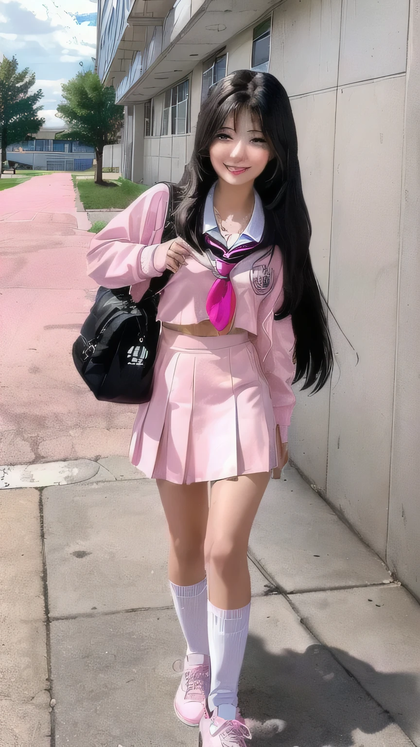 
(a female high school student:1.2) (fresh：1.3) (Campus style：1.3) (pink school uniform：1.5) (black long straight hair：1.4) (smiley face：1.2) (white sneakers：1.2) (Bag：1.3) (School emblem：1.2)