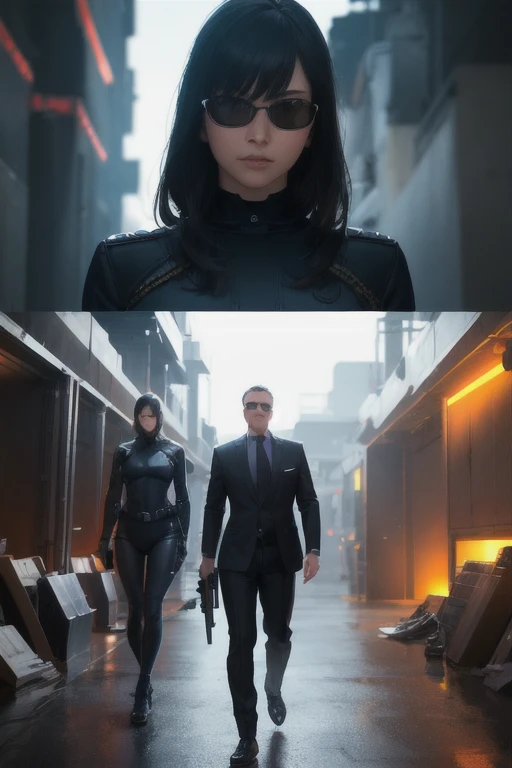 a detailed illustration with a secret agent, (best quality, realistic:1.37) spy, (dark and mysterious background, secret mission) stealthy operation, (sleek black suit) wearing black sunglasses, (high-tech gadgets and weapons) in a hidden underground facility, (ultra-detailed) surrounded by advanced surveillance technology, (vivid colors:1.1) intense and dramatic lighting, (bokeh:1.1) with a hint of red and blue tones, portraying the thrilling and suspenseful atmosphere, (professional:1.1) capturing a moment of the agent approaching a laser-protected vault, (physically-based rendering) showcasing the agent's high skills and expertise in espionage, (sharp focus) and leaving viewers intrigued by the secret mission yet to be revealed.