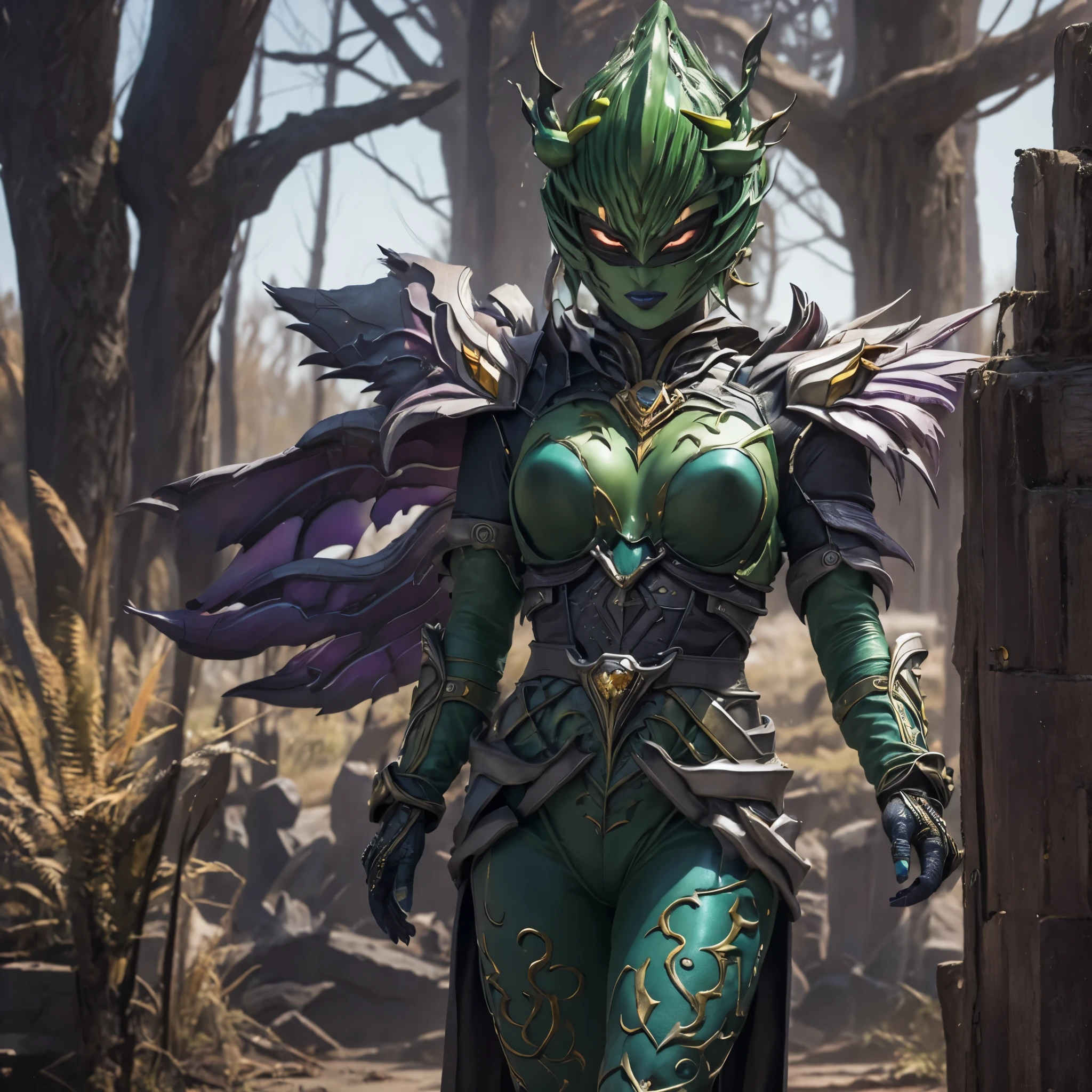 A detailed portrait of Rita Repulsa, the villain from Power Rangers, with her signature green face, sharp features, and menacing expression. (best quality, 4k, highres, masterpiece:1.2), detailed face and eyes, evil expression, realistic facial details, dark and dramatic lighting, intense and vibrant colors, fantasy concept art, elaborate headpiece and robes, textured and weathered materials, greenish color tones.