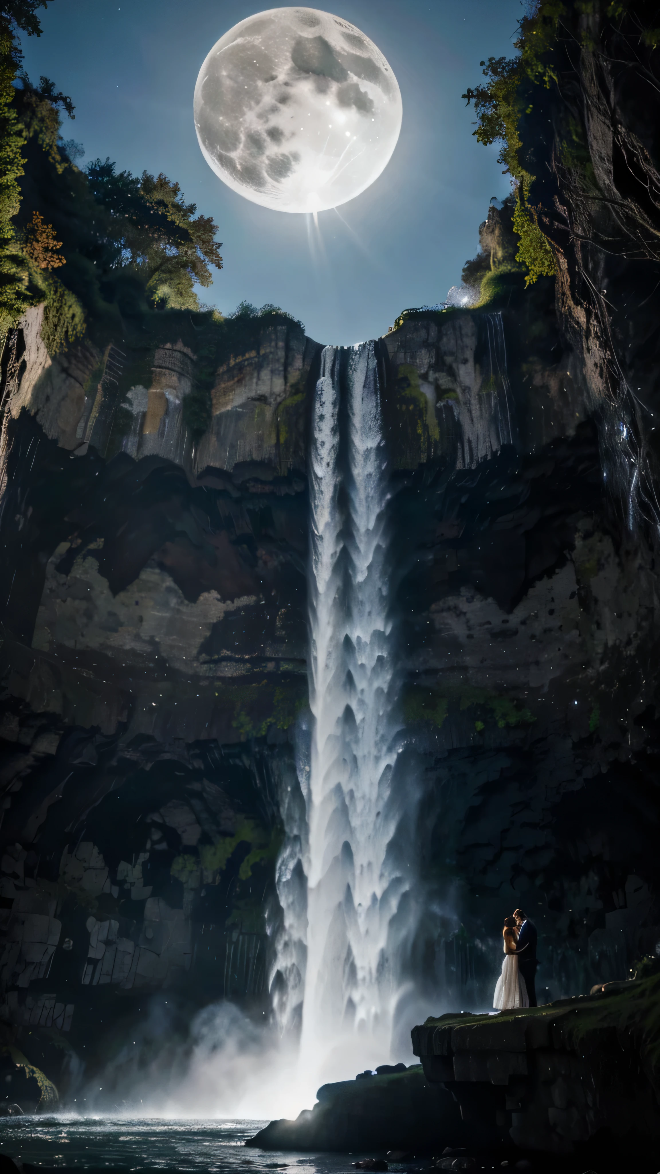 A guy and a girl stand against the backdrop of a large waterfall., The origins of the waterfall begin directly from heaven.. Waterfall in the background, but massive. a guy and a girl stand facing each other and kiss. night. the moon glows blue. Bright, full moon. girl in white dress. guy in black clothes. high quality, detailing. The waterfall is even more massive.. huge stream of water. full moon. full moon