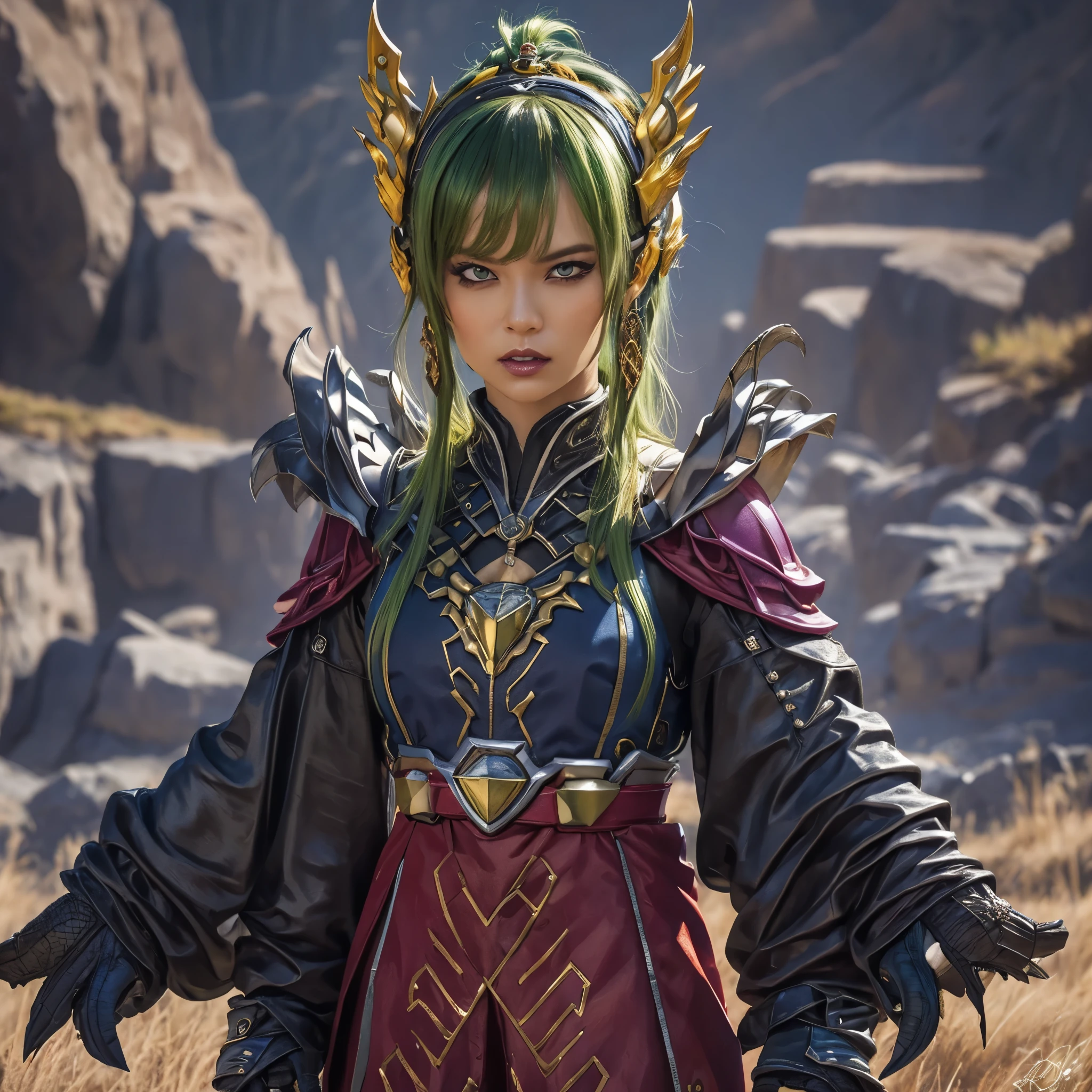 A detailed portrait of Rita Repulsa, the villain from Power Rangers, with her signature green face, sharp features, and menacing expression. (best quality, 4k, highres, masterpiece:1.2), detailed face and eyes, evil expression, realistic facial details, dark and dramatic lighting, intense and vibrant colors, fantasy concept art, elaborate headpiece and robes, textured and weathered materials, greenish color tones.