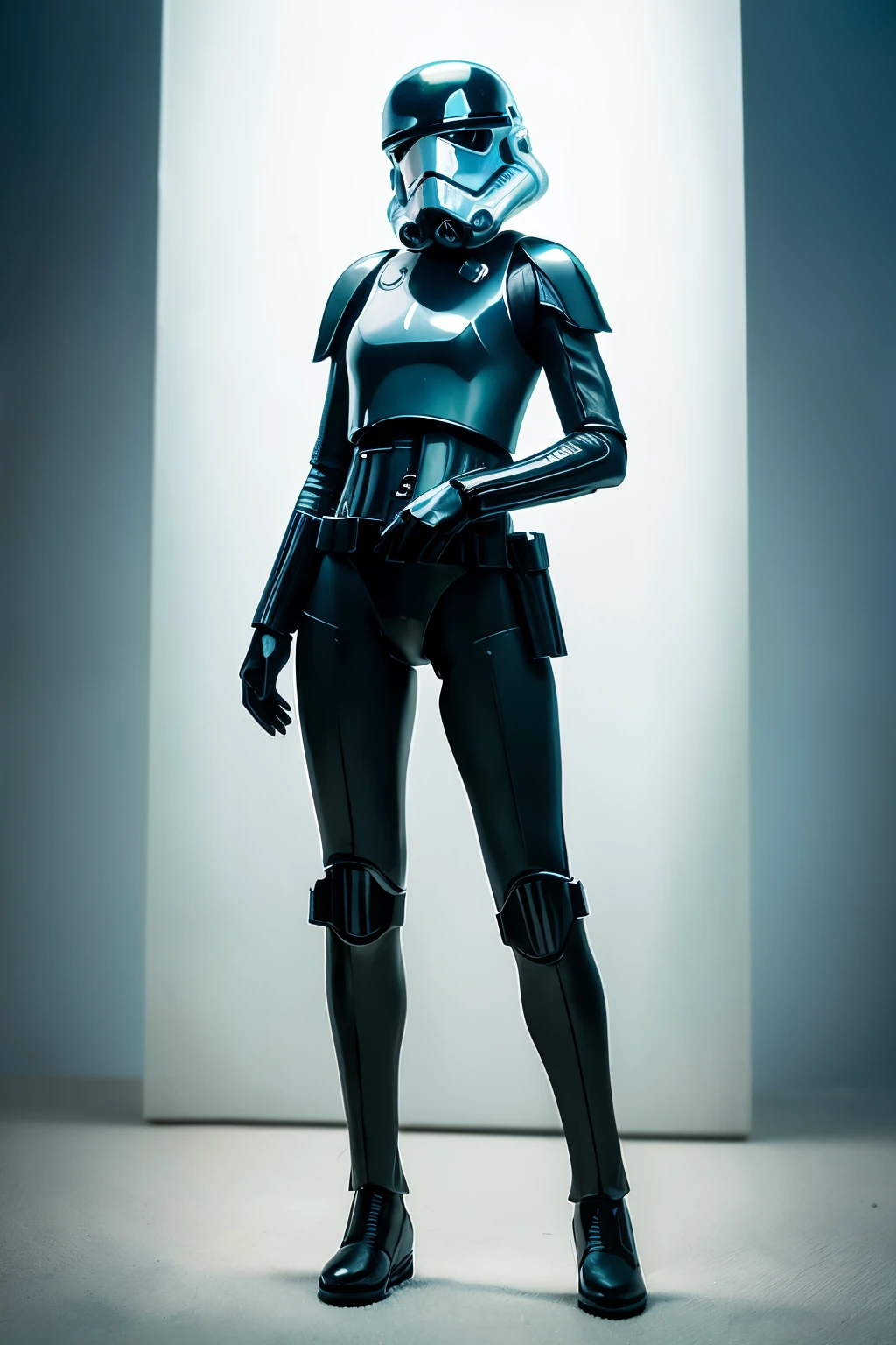 Incomparable masterpiece, perfect artwork, of a female Stormtrooper from Star Wars, (full body:1.4), (hyperrealism:1.5), black thigh highs accentuating her legs, (detailed RAW color art:1.4), bokeh adding depth and dimension, (leading lines shot:1.3), Tilt-Shift (simulating miniature scenes:1.2), and exquisitely captured using Butterfly lighting (delicate and soft illumination from the sides). This hyperrealistic image is a dynamic portrait of the Stormtrooper, showcasing her unique armor design and expressing a sense of action and adventure.