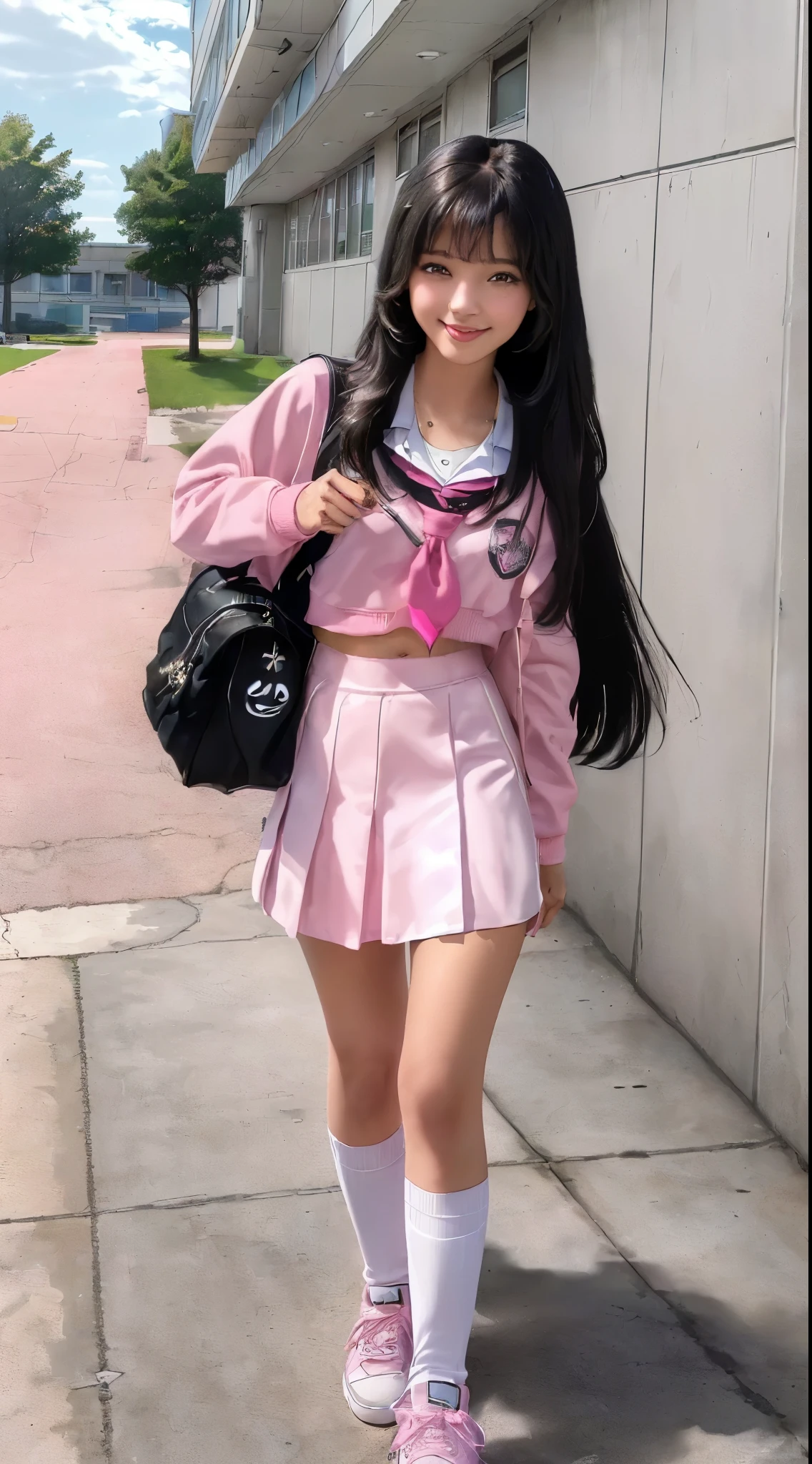 (a female high school student:1.2) (fresh:1.3) (Campus style:1.3) (pink school uniform:1.5) (black long straight hair:1.4) (smiley face:1.2) (white sneakers:1.2) (Bag:1.3) (School emblem:1.2)