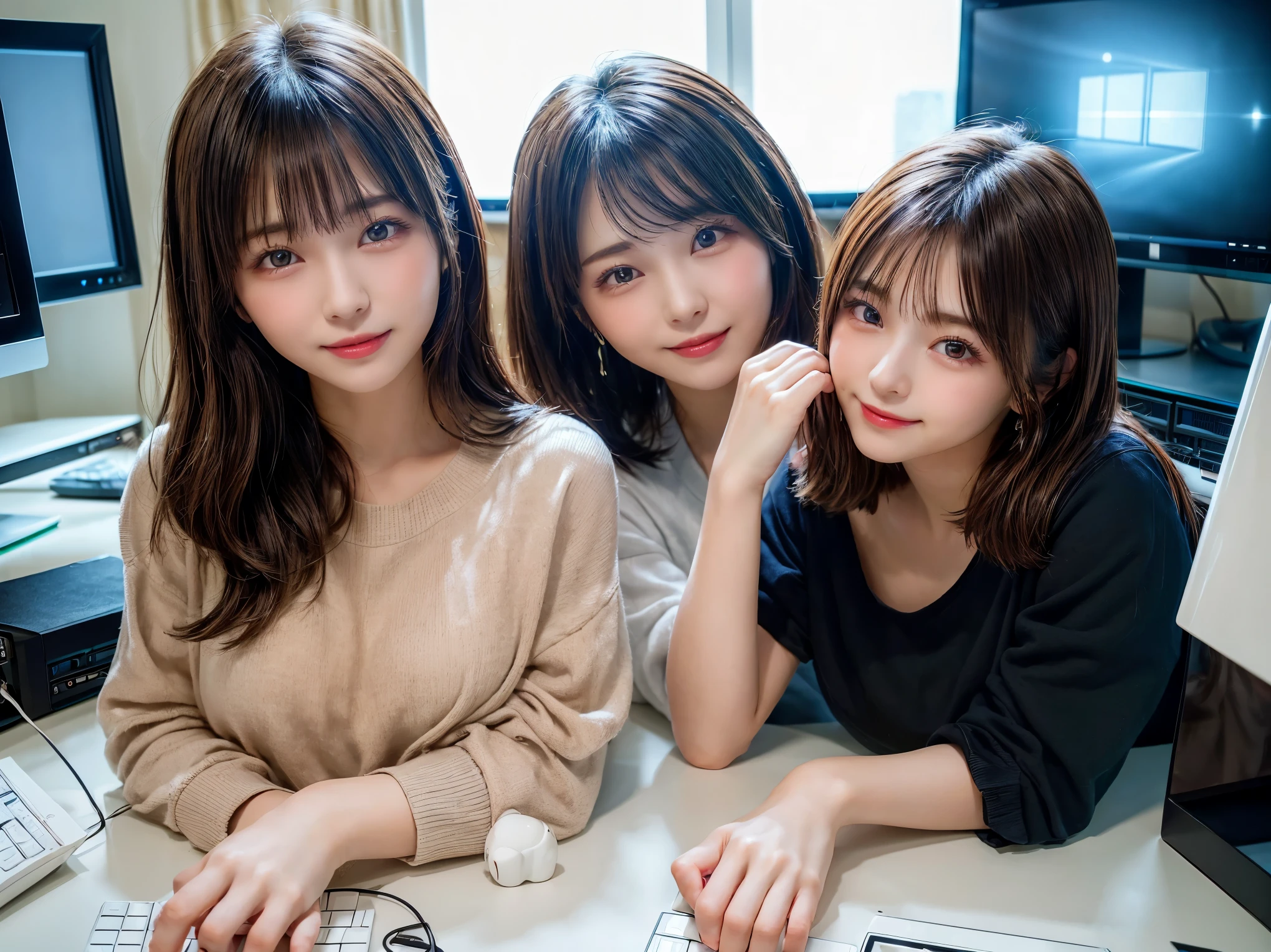 ((masterpiece)), ((highest quality)), (Super detailed), ((very detailed)), 4k, (8k), highest quality, (beautiful), shape, anime style, hyper genuineistic, genuine, dynamic angle, (((close))), thick outline, clear outline, (two girls, two cute girls:1.5), (casual wear:1.3), beautiful light brown hair, beautiful brown eyes, ((beautiful eyes)), (super cute face:1.3), short hair, big breasts, light smile, (room, computer, monitor:1.5)