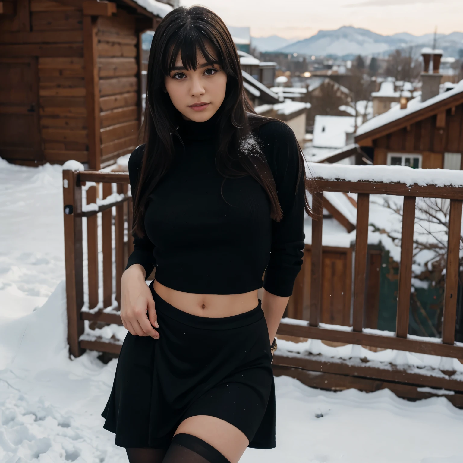 girl with Black long hair with bangs with big ass and big chest, wearing a black turtleneck and a sexy skirt with black pantyhose with Switzerland in the background in a snowy morning