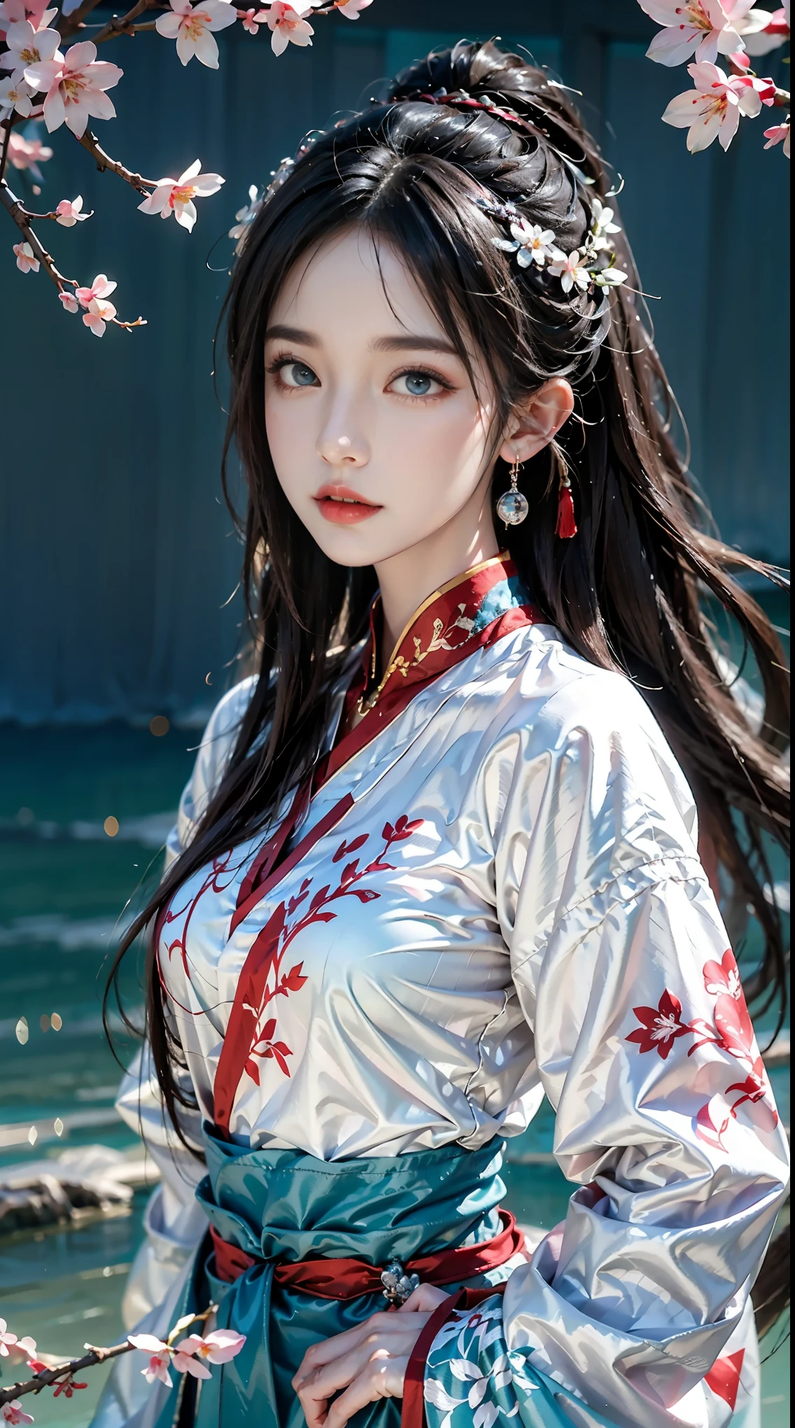 lifelike, high resolution, 1 female, Shiny skin, alone, jewelry, pink lips, long hair, blue eyes, Keep your mouth shut, Hanfu, Cherry blossoms