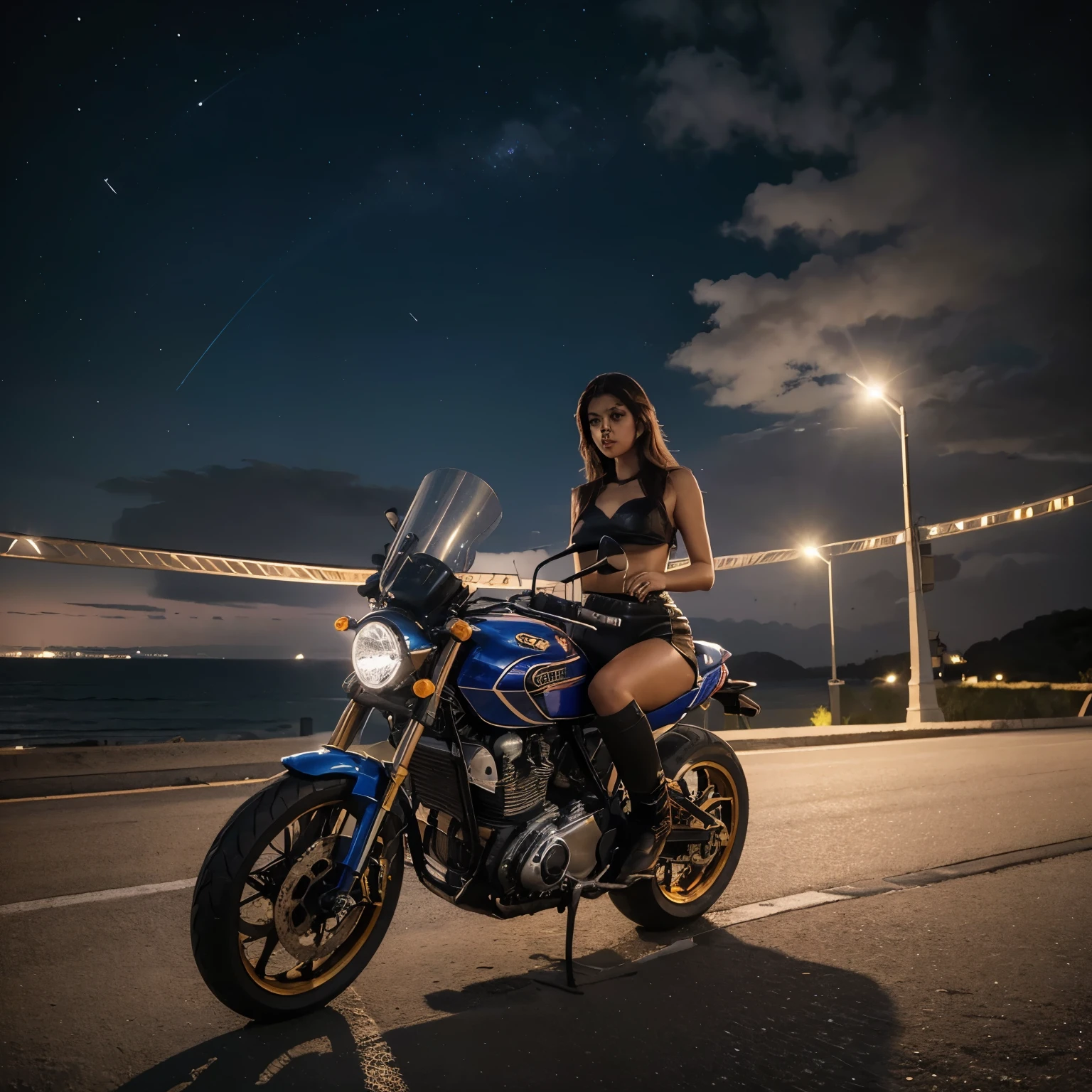 (obra de arte), (melhor qualidade), (melhor detalhe), (distant overview), (selo),(main color of the illustration: vermelho saturado brilhante), (secondary color: lapis lazuli), a red café racer motorcycle driven by a woman with a defiant stance, very detalhado chassis, futuristic western scenery, noite (muitas estrelas, Lua), sombreamento (detalhado, muito contraste), cores de polpa muito saturadas