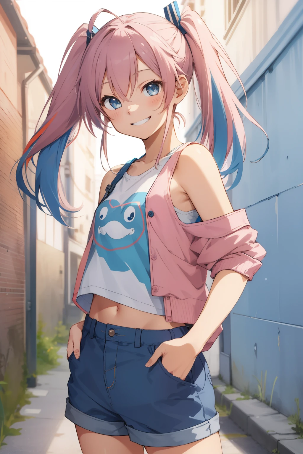8K. best quality, detailed artwork, high quality, bright back alley grey walls, anime girl, (wearing jacket loosely : 0.7), can see shoulders, long pink twin tail hair, (smiling expression :1.5) , (mixed of blue red white t-shirt:1.0), (blue short pants :1.2), posing hip hop style