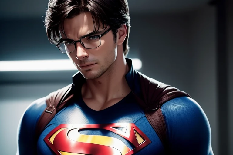 Tom Welling as Clark Kent from Smallville series, in a sharp suit and glasses, handsome, brooding, (photorealistic), (full body shot), focused eyes, introspective expression, (detailed), (high definition: 2.7K), intense, serious, (dramatic lighting), (chiseled jawline),, (well-defined muscles),, neat hair, (clear skin),, Superman symbol subtly visible on chest, calm demeanor, (confident posture),, (authentic set replication),, (accurate clothing details),, (emotionally engaging),, (true-to-character portrayal).