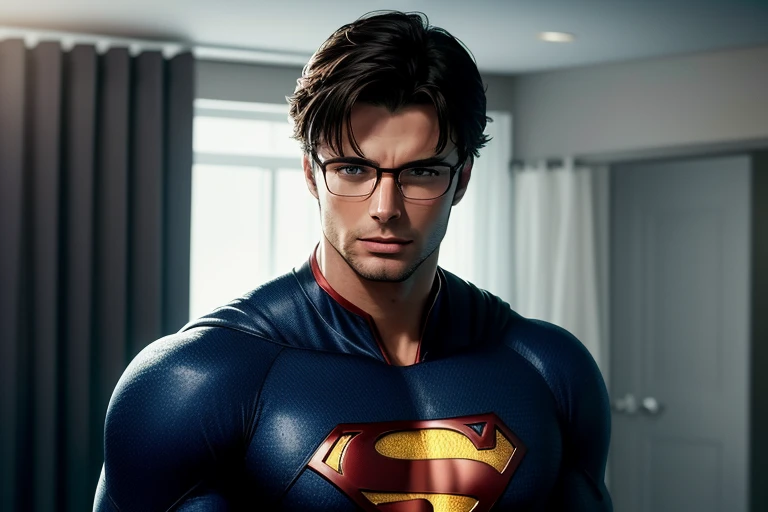 Tom Welling as Clark Kent from Smallville series, in a sharp suit and glasses, handsome, brooding, (photorealistic), (full body shot), focused eyes, introspective expression, (detailed), (high definition: 2.7K), intense, serious, (dramatic lighting), (chiseled jawline),, (well-defined muscles),, neat hair, (clear skin),, Superman symbol subtly visible on chest, calm demeanor, (confident posture),, (authentic set replication),, (accurate clothing details),, (emotionally engaging),, (true-to-character portrayal).