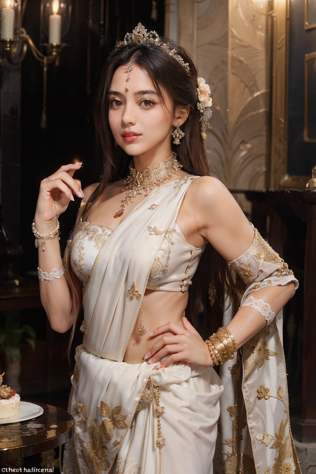 ((top-quality、​masterpiece、photographrealistic:1.4、8K))、Beautuful Women、full body Esbian、、delicate and beautiful face、The Great Noble Lady of India、（Women in Southeast Asia）、（Indian style luxury saris and headdress）、Luxury accessories、Saree、Beautiful lighting、Textured skin、Super Detail、high detailing、High quality、hight resolution、（Stroll through beautiful Indian-style gardens。Indian castle on background）、florals、The tree々、Elegant smile、（looking at the viewers）