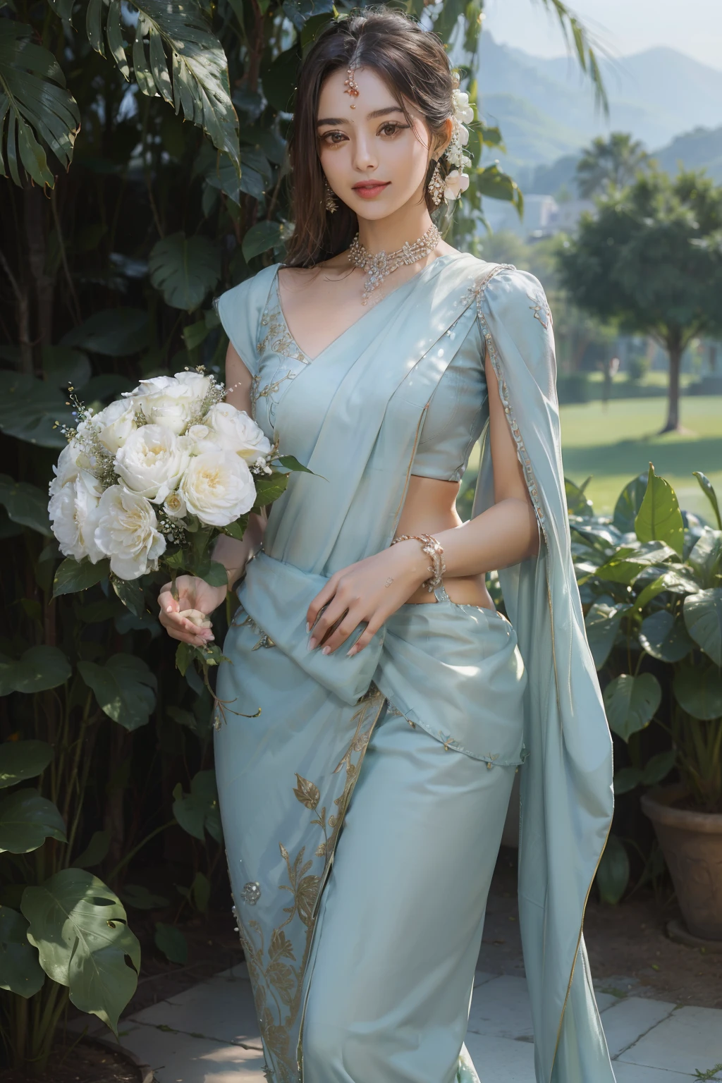 ((top-quality、​masterpiece、photographrealistic:1.4、8K))、Beautuful Women、full body Esbian、sixteen years old、delicate and beautiful face、The Great Noble Lady of India、（Women in Southeast Asia）、（Indian style luxury saris and headdress）、Luxury accessories、Saree、Beautiful lighting、Textured skin、Super Detail、high detailing、High quality、hight resolution、（Stroll through beautiful Indian-style gardens。Indian castle on background）、florals、The tree々、Elegant smile、（looking at the viewers）