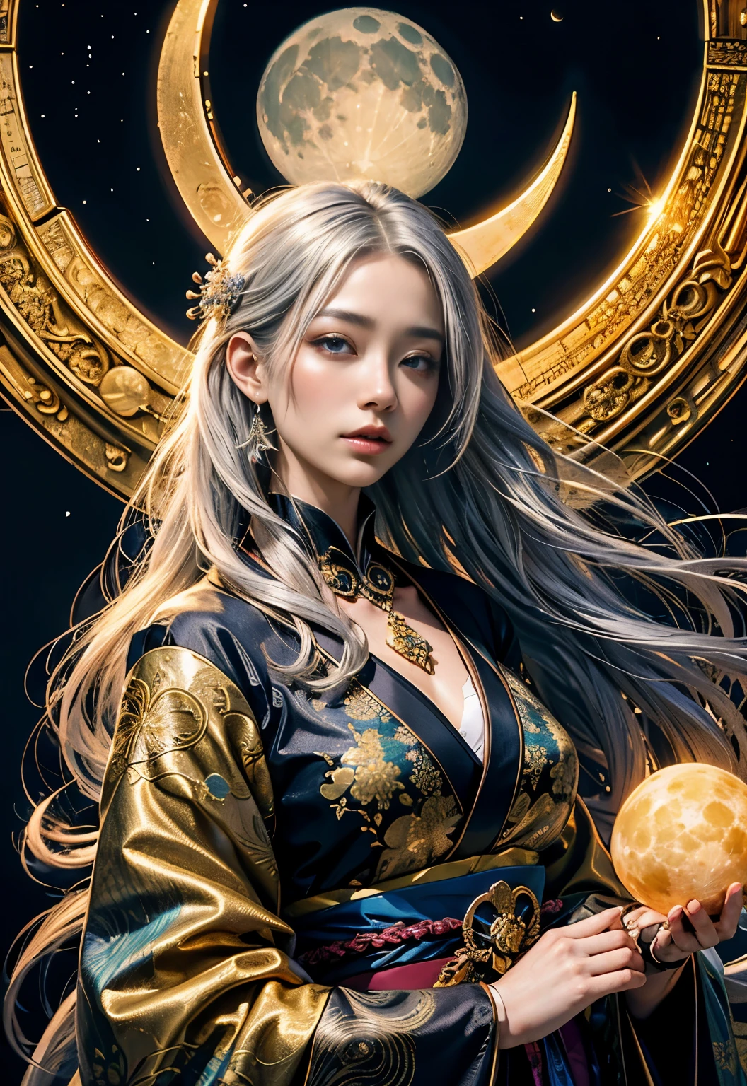 (highest quality, beautiful and aesthetic:1.2), (japanese woman), composition of golden ratio,very detailed,(fractal art:1.3),dynamic line of sight,colorful,best details,has silver hair and blue eyes, golden background,Wearing a luxurious kimono, have a gift from god,mysterious background((moon：1.5),),elaborate costumes(goddess:1.2)(perfect face:1.2),beautiful and elegant woman,Balanced composition,shiny hair,Wallpaper 16K,((photo shoot))