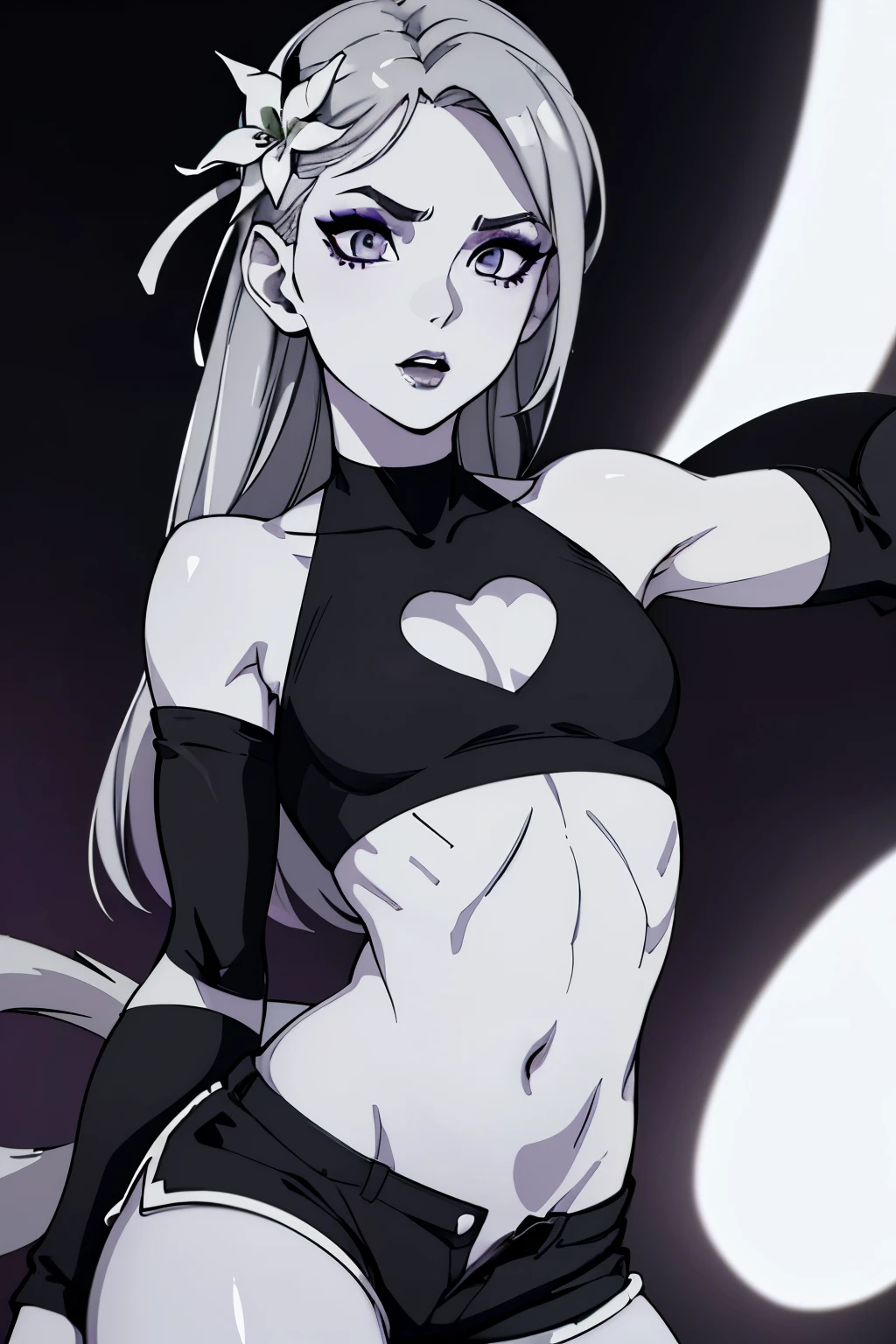 ((Cinematic light, Best quality, 8k, Masterpiece :1.3)), 1girl, Beautiful woman with thin abs :1.4, (light grey hair, small breasts :1.3), hopefully falling, seductive open lips, ultra-detailed face, detailed eyes, double eyelidwork, best quality, hair flower, dark purple body painting, ((calango tail)),((goth)), steamy, sexual teasing, jojo position, hands shining purple, (((black makeup))), light grey skincolor, grey skin, unusual skincolor, ((pale white skin)), black bodypaint, ((black crop top)), jojo pose, ((black shorts)),