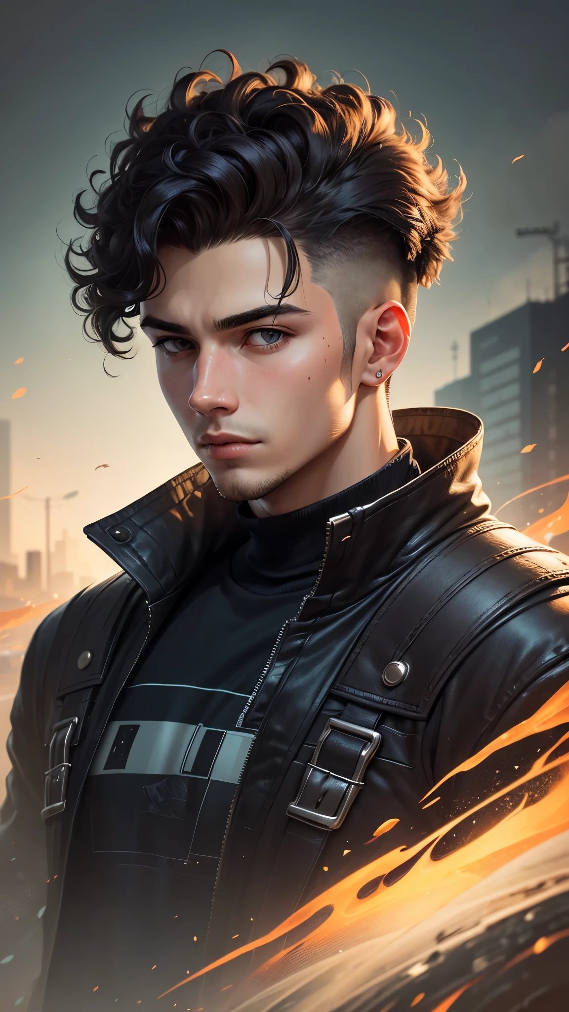 a portrait of a young man with curly undercut hair, Album cover art, artwork by Alastair Reynolds