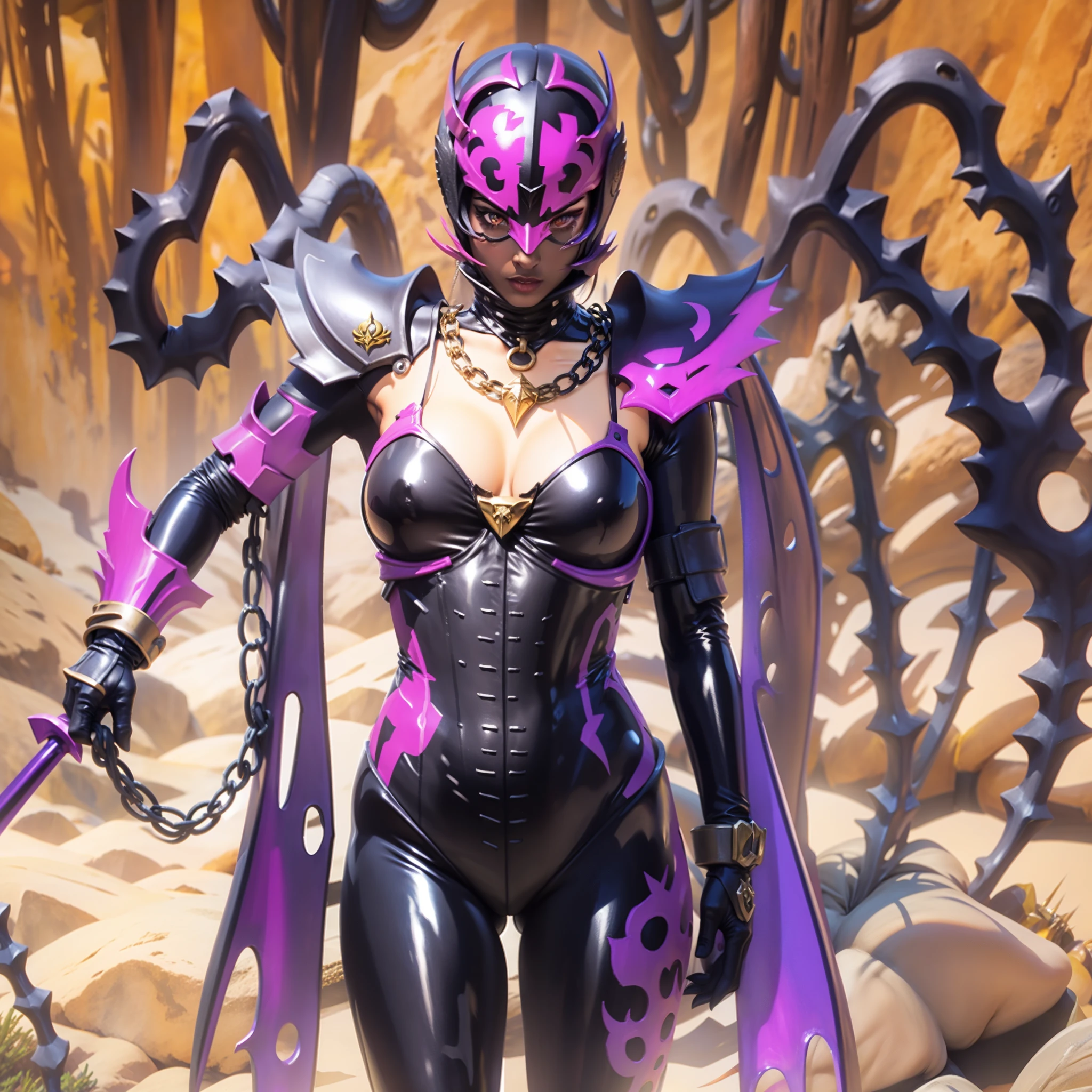 (a helmet with a scorpion motif), (woman:1.1), (black latex suit:1.1), (striking decoration:1.1), chain, sickle, (alchemy style equipment:1.1), (purple image color:1.1)