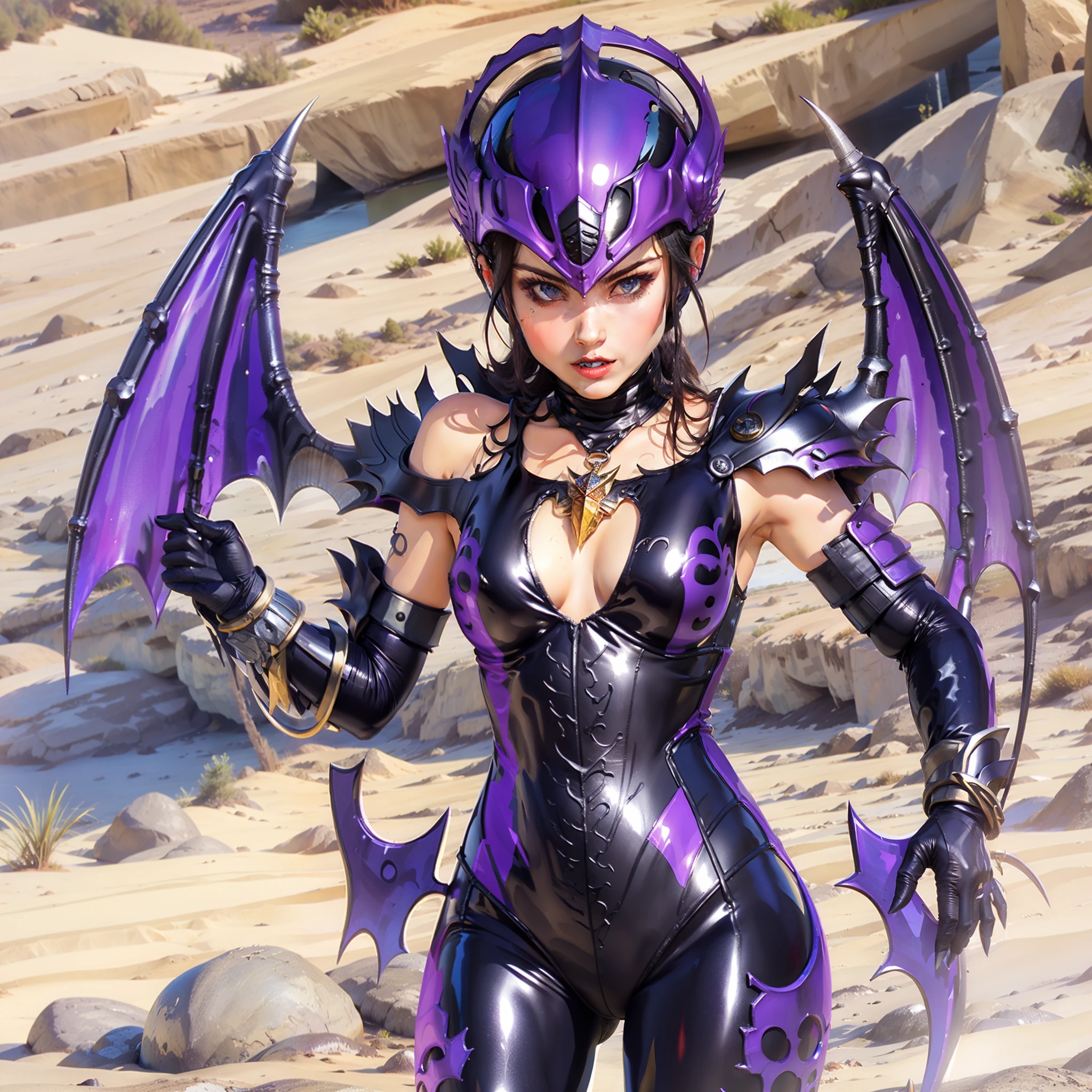 (a helmet with a scorpion motif), (woman:1.1), (black latex suit:1.1), (striking decoration:1.1), chain, sickle, (alchemy style equipment:1.1), (purple image color:1.1)