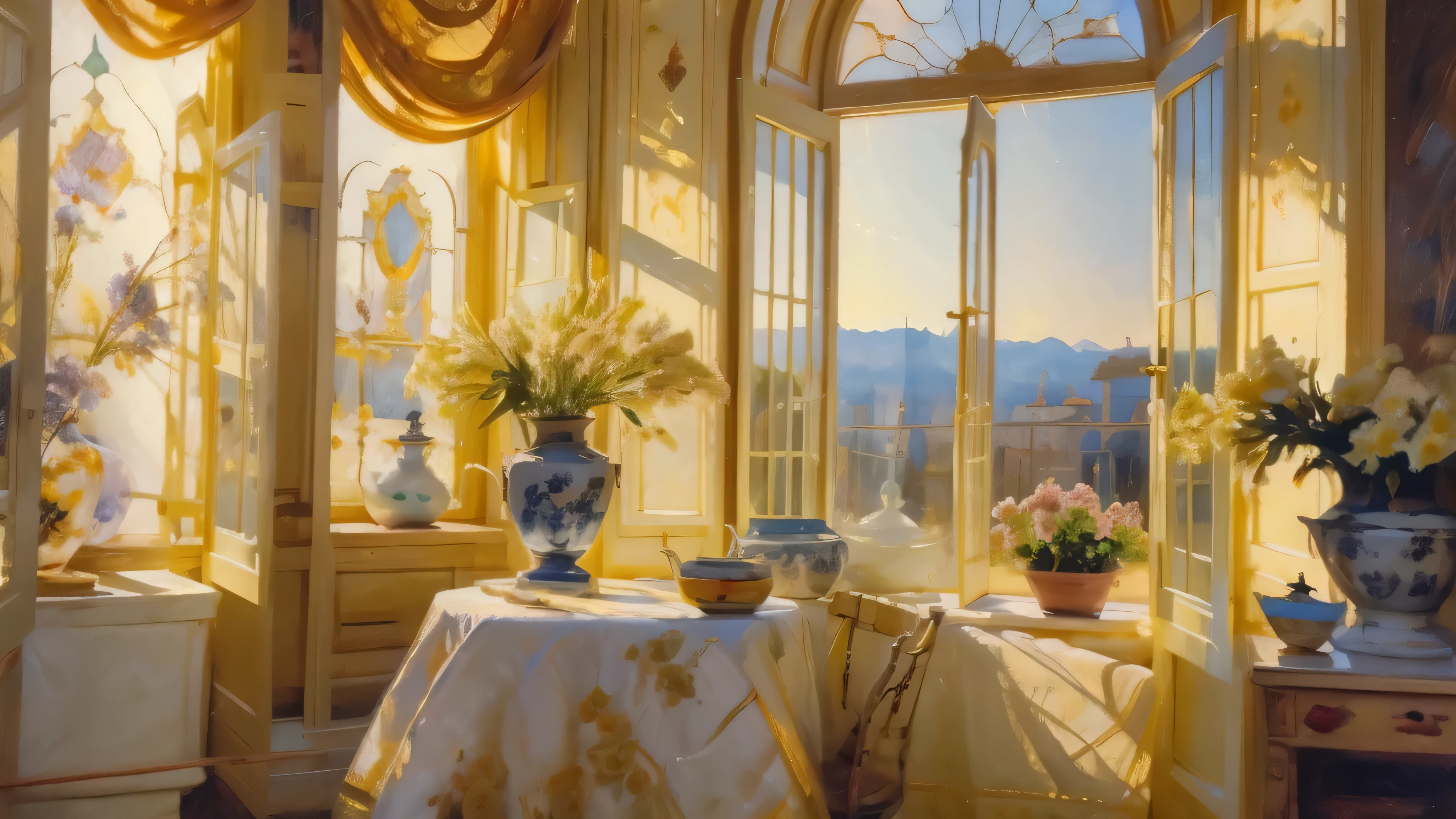 meticulous, Strong light shines on the window,masterpiece,silk,clothing,flowerpot,unmanned,flowers