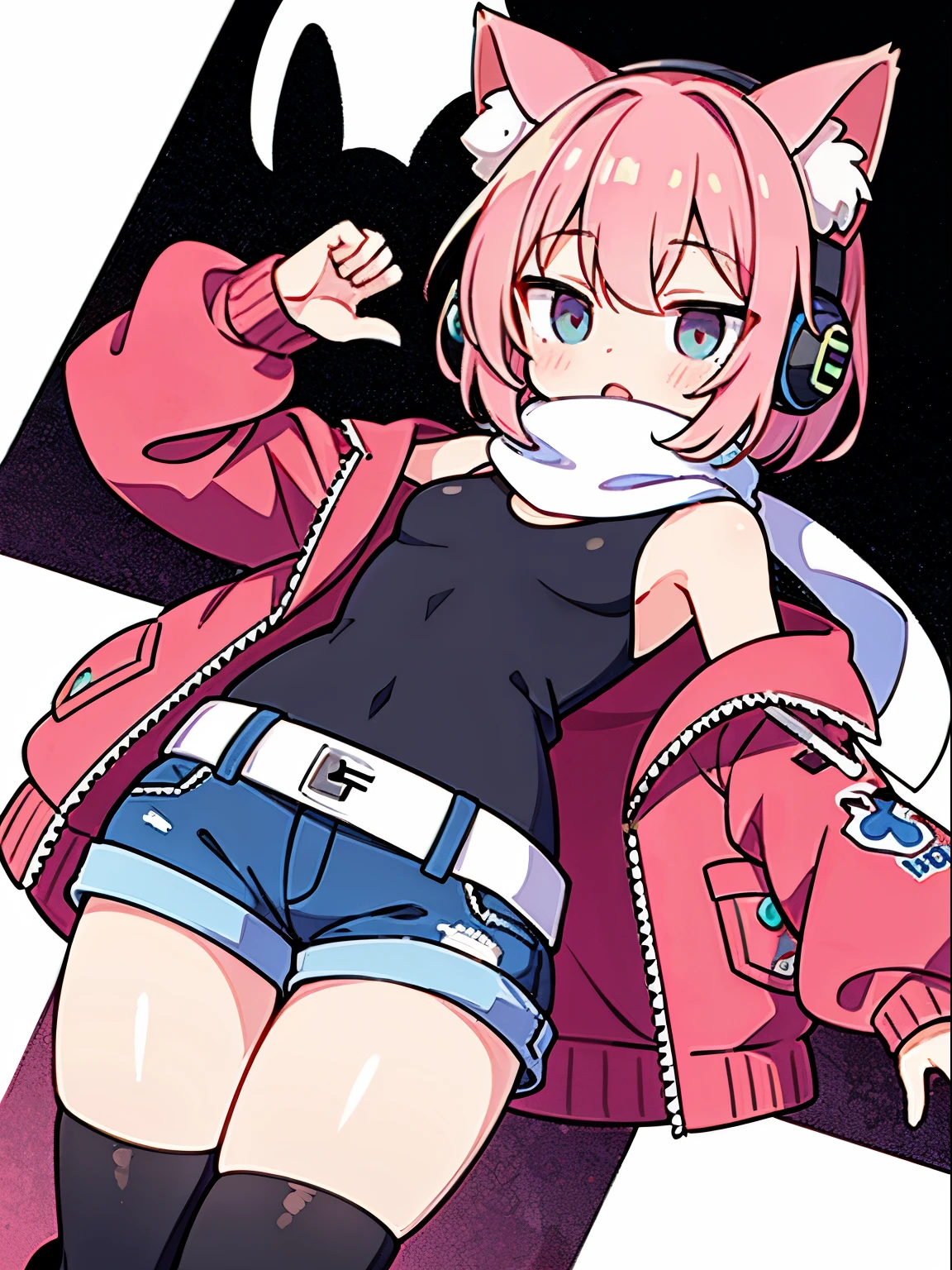 8K resolution、((highest quality))、((masterpiece))、((super detailed))、1 female、solo、headphones、small breasts、Cat ear、pink short hair、scarf、hot pants、oversized jacket