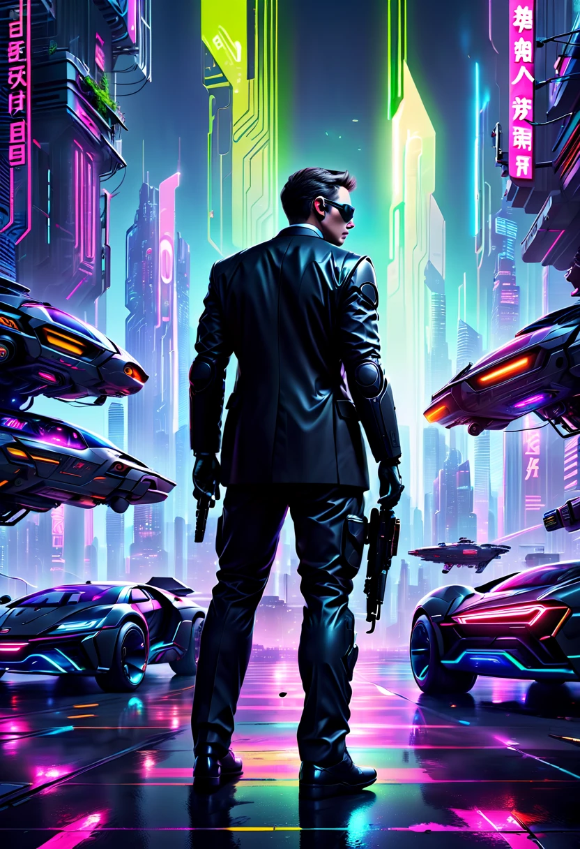 in the distant future,An agent in a black suit walks through the shadows of a high-tech city,There are flying cars everywhere、Huge screens and flashing neon lights。The agent looks determined,Holding a gun from the future,Close surveillance of a target building,Prepare for a dangerous and mysterious mission。The night reflected coldly on his equipment,Create a futuristic and tense scene。This world is full of unknowns and challenges,It takes the intelligence and technical prowess of an agent to complete this nearly impossible task。