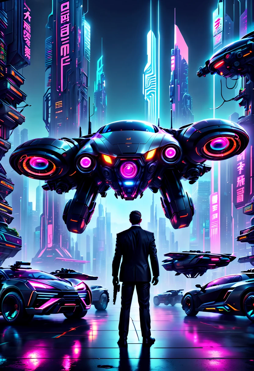 （A man in a stylish black suit:1.5），A futuristic agent equipped with exquisite weapons and equipment，The agent stood firm.，Be prepared，Showcasing a variety of high-tech equipment that is seamlessly integrated into the garments。The background should suggest a future urban landscape，Advanced technology and architecture visible。Agent&#39;s equipment includes innovative and advanced gadgets and weapons，Highlighting the advanced nature of the world they live in。The overall image should convey a sense of mystery、A sense of sophistication and cutting-edge technology。