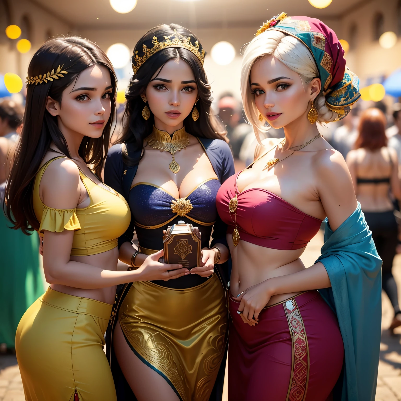 um grupo de mulheres ciganas, ((nuas)),Lesbians, evento de orgias, beijos na boca,cores vibrantes, intricate patterns, gold jewelry, Olhos e gestos expressivos, lively and energetic atmosphere, festive celebrations, ambiente ao ar livre, luz solar quente, efeito bokeh, oil painting, detalhes de alta qualidade, cores vivas e saturadas
