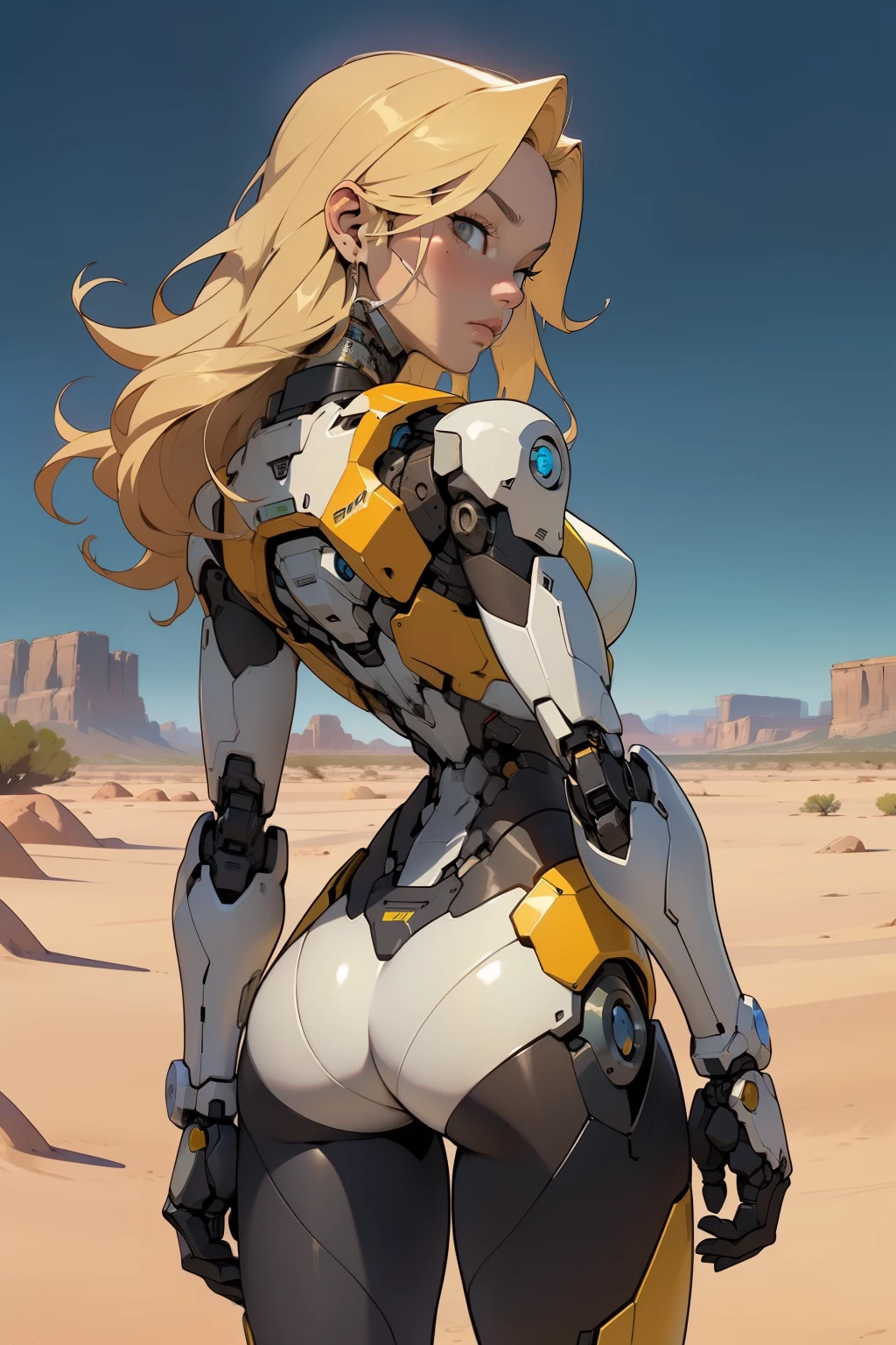 high quality, 4k, masterpiece, beautiful, cyborg girl, cowboy shot, dull eyes, back side, turning around to look at viewer, long blonde hair, girl, small breasts, fit thigh, robotic arms, robotic body, cyborg body, yellow accent, red accent, intricate detail, joint, detailed lines, robotic detail, holding fist up, holding hand up as fist, color robotic parts, robotic parts with color, perfect fingers, on a desert planet, sunny background, colorful desert, a river or a lake in the background