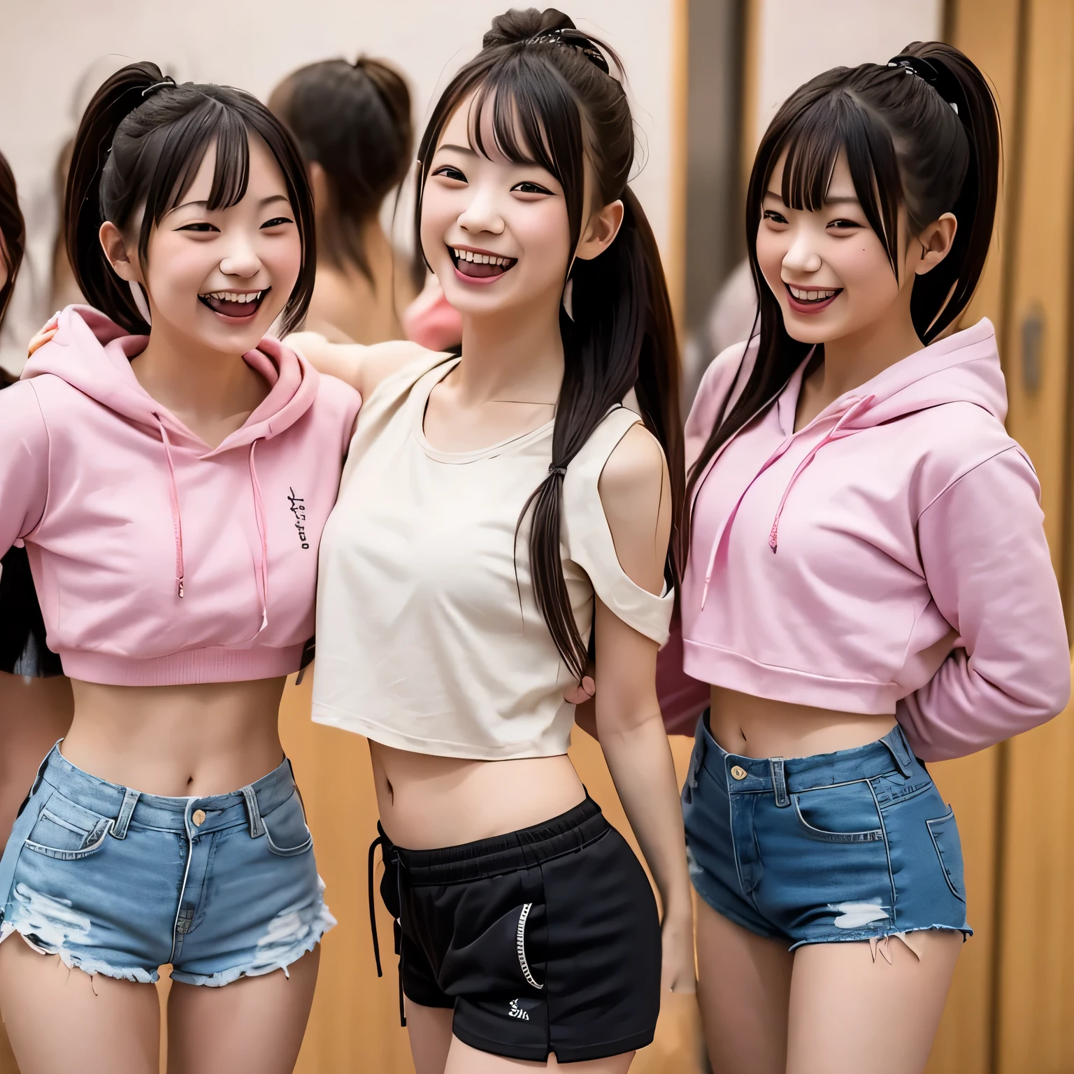 4 hot sweet innocent 日本の女子高生 having a sexy sorority party in hot crop top hoodies and short shorts outfits, While getting drunk and laughing together, sexy, beautiful girl, innocent, detailed pupil, expressive eyes, compensate, real photos, modern look, real photos (realistic:1.5), silky, skirt, NSFW:1.1、