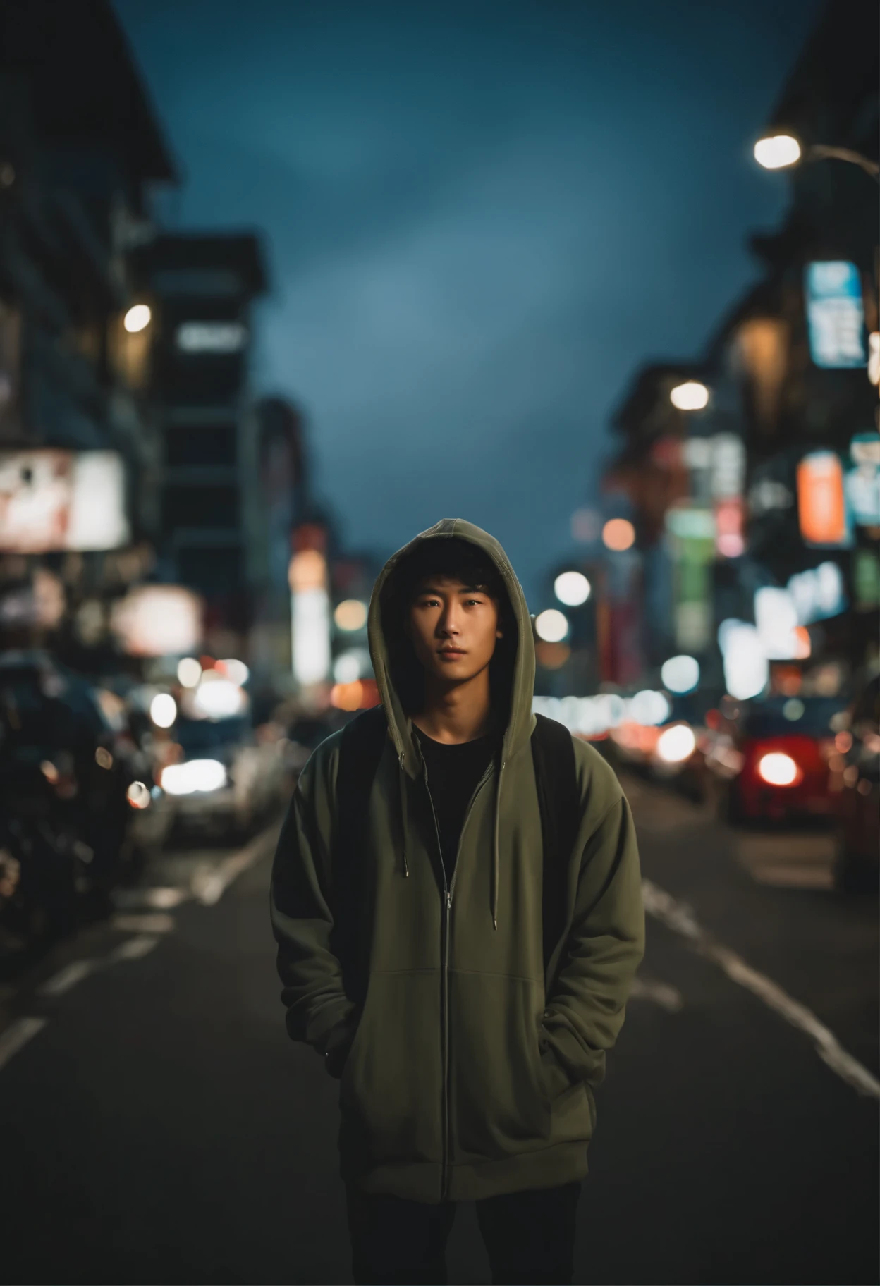 Realistic potrait in japan night streets, urban style, ultra detail masterpiece, pores detail :1.2, taken with sony a7 mark 4, korean boy 19 y o,skinny man, ( potrait: 0.5), candid men possing, wearing full hoodie, youth look, (wavy hair), taken with sony lens 18mm, wide perspective, Using Photography techniques: Rule of Thirds, Centered Composition and Symmetry, Foreground Interest and Depth, (Frame with the frame), (rule of space), (shot from below), glow light, cinematic look