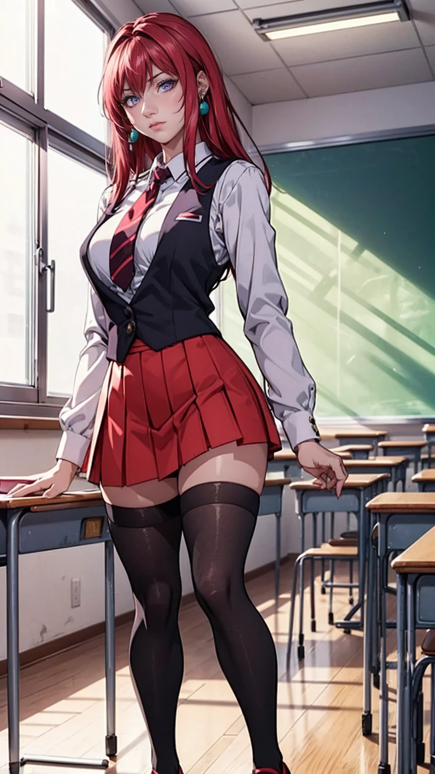 (((JC girl, school uniform, socks Thigh High), black waistcoat, dress shirt, white shirt, low heels, long socks, black socks, school, classroom, red skirt, skirt)), (dark purple eyes), TakashiroHiroko, 1girl, mature woman, alone, cowboy shot, looking at viewer, blushing, dark purple eyes, long hair, red hair, earrings, jewelry