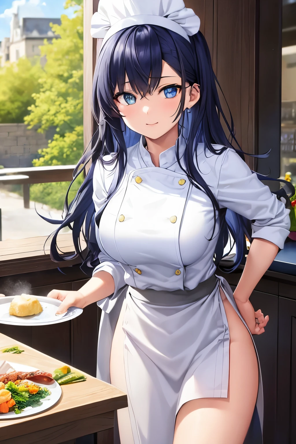 Anime girl in the kitchen with a plate of food in her hands, Hinata Hyuga, tits, cooking, thick, seductive anime girl, in the kitchen, (software) safe for work, fubuki, naughty anime style, marin kitagawa fanart, excessive art, Nico Robin, big chest, tits proportions、blue jeans、light blue clothes、brown eyes