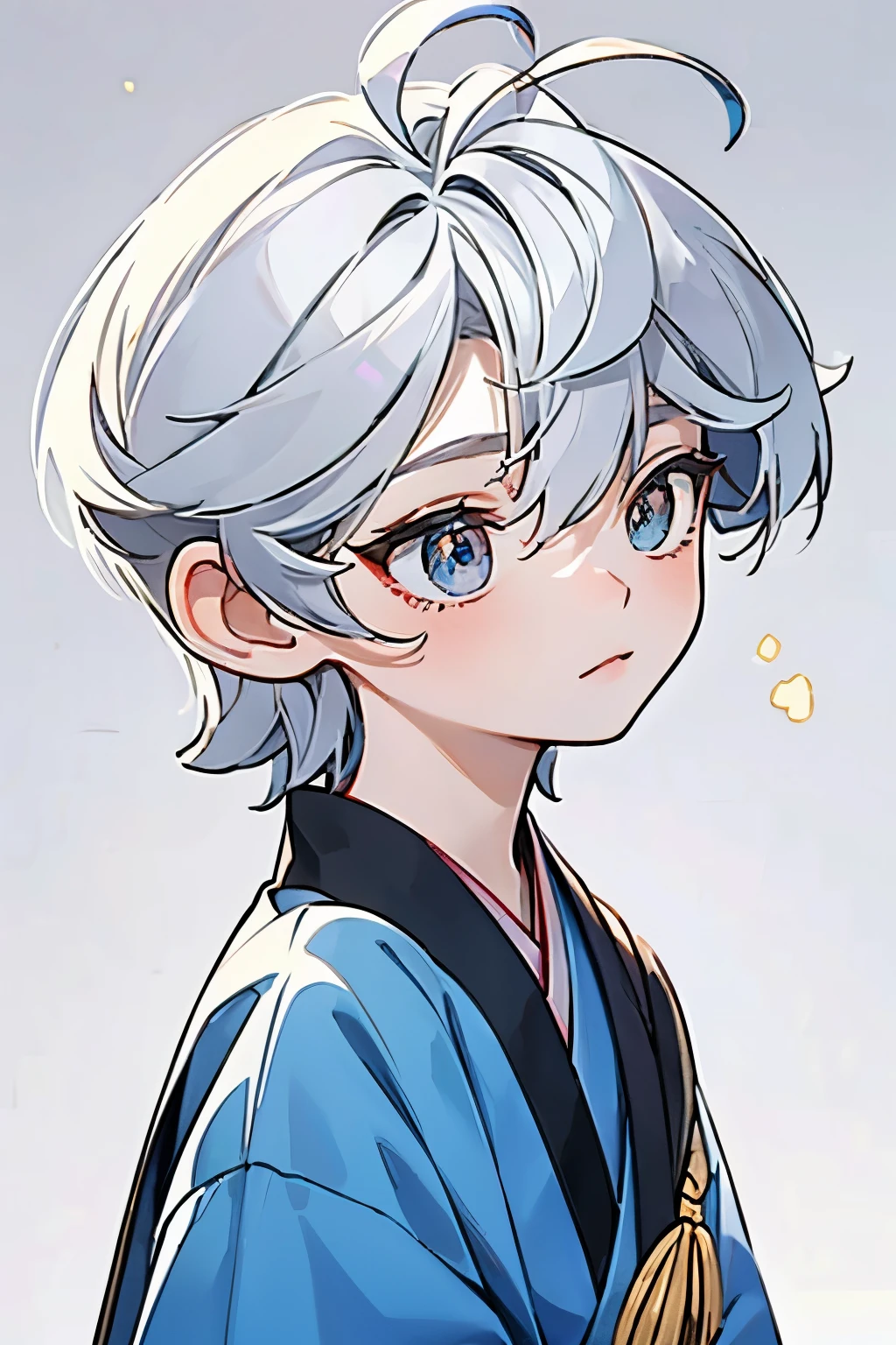 ((Chibi boy)) depicted in full-length illustration showing glossy silver short hair with pronounced ahoge, bangs lay softly between eyes of bright silver hue, detailed eyes and facial features, dressed in Japanese school uniform on minimalist background, digital painting, hair details emphasized, definition of small figure with fine contours, simple background provides focus on the character, shiny hair texture catches the light, ultra fine detailing of eyes and expression, golden ratio composition, captivating