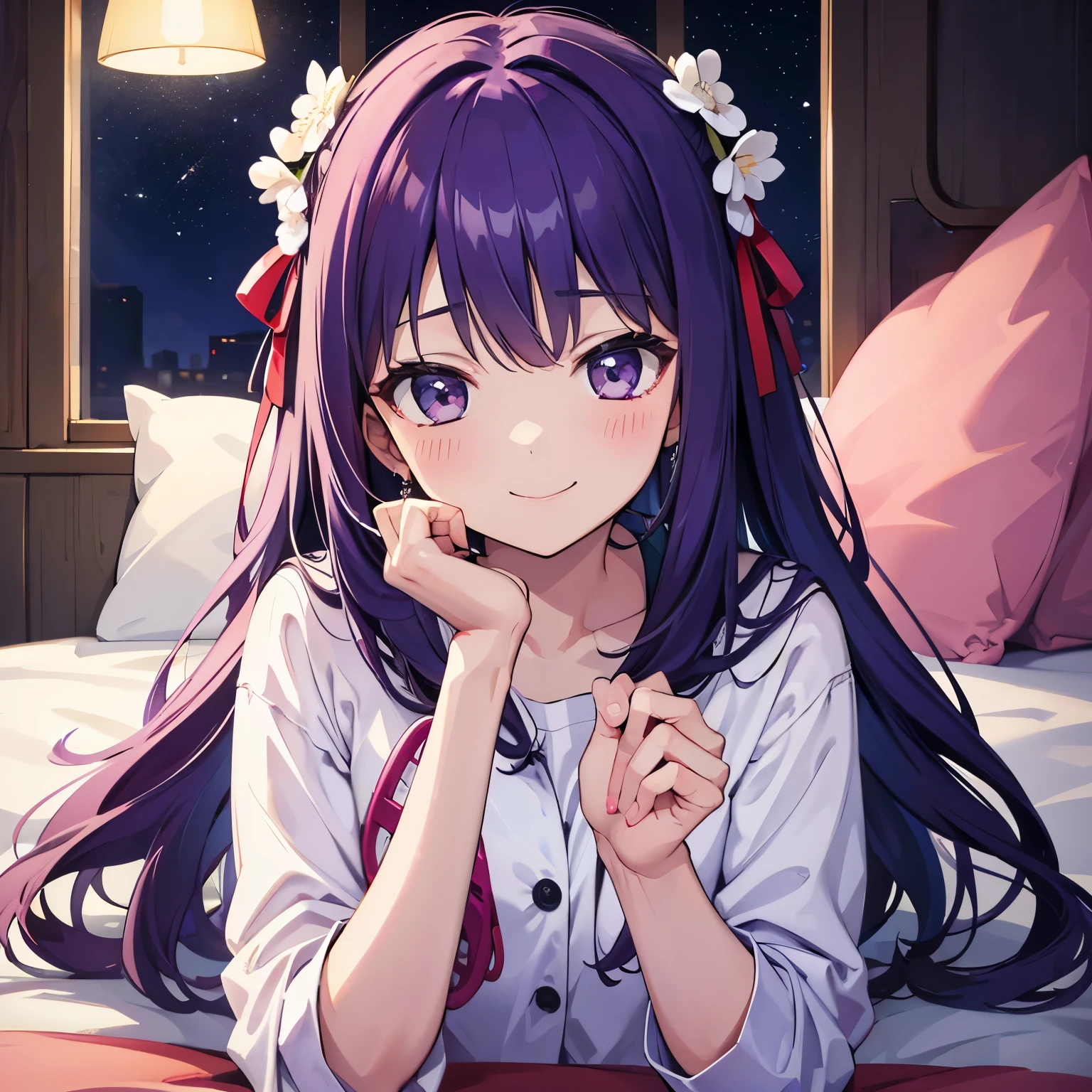 (T Masterpiece,4k wallpaper,best quality))、((girl1people))、(solo)、Shining and vivid,(purple hair)、(shortcut:1.3)、smile、Bedroom、pajamas、night