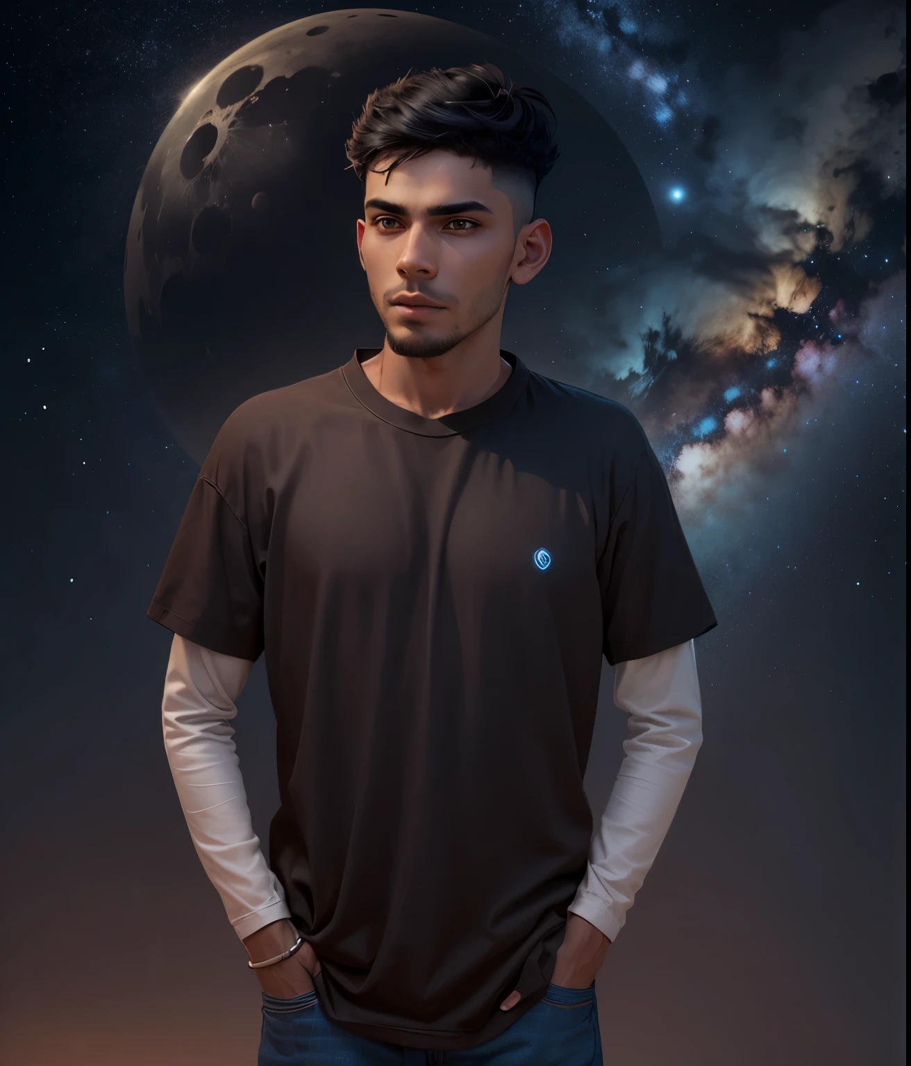 (dramatic illumination, dynamic angle, intense color contrast), (thin young indian man with short straight black mohawk, dimples, brown skin and brown eyes: 1.2), (night, outdoors in a field, with a telescope: 1.2), (wearing blue T-shirt with atomic graphic, jeans: 1.1) (large moon and stars and milky way in background: 1.2)]