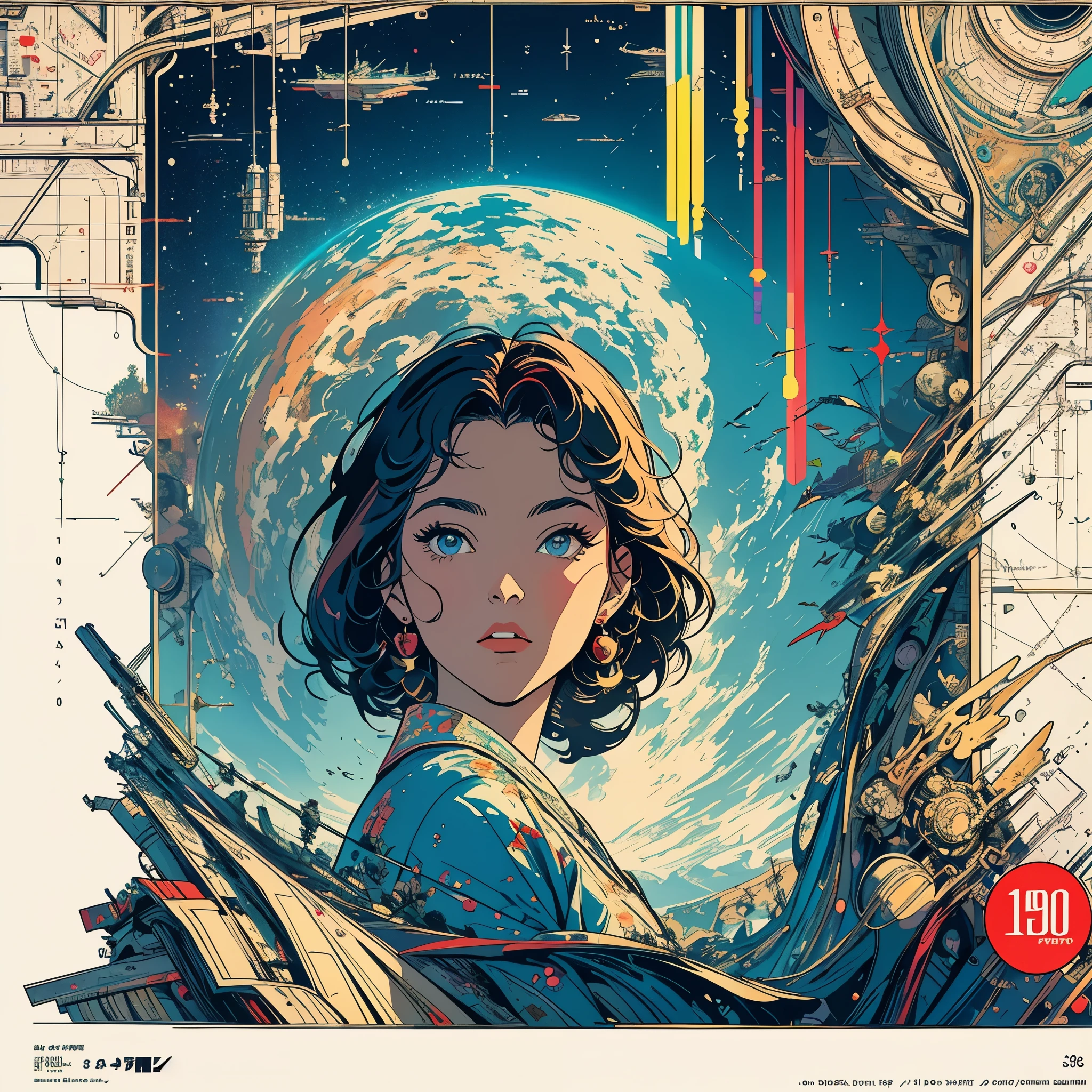 (masterpiece, highest quality), 32k,(A very detailed beautiful woman), poster,science fiction,1960s,1970s,bauhaus, shape, OK, abstract, propaganda,movie poster, vintage,retro,futuristic,anime,ultimate map,Perfect rainbow,highlight,angle from belowgolden hair,