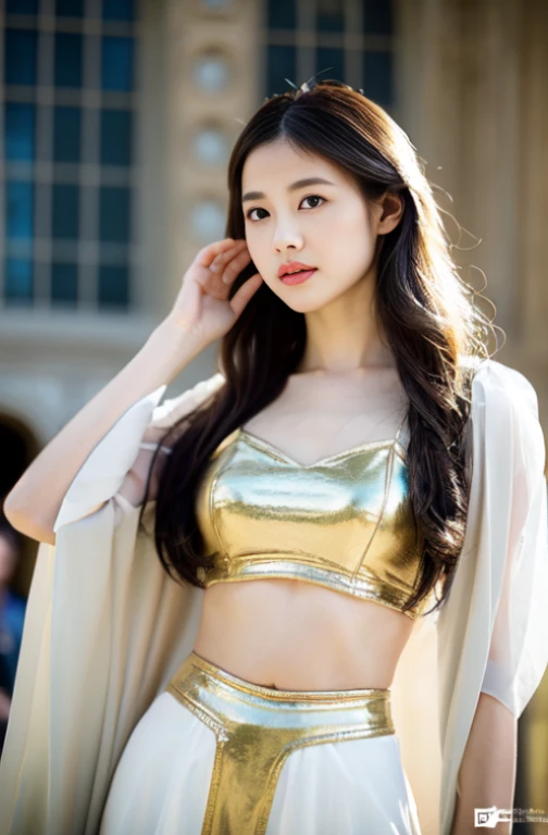 1 girl,(8k:1.27), best quality, Masterpiece, very high:1.2) รูปถ่ายของสาวจีนแสนbeautiful
 (beautiful:1.1),(Versailles Castle, Pisa Baptistery of Saints. John&#39;s background, flower,navel,crowd),(sci-fi female warrior:1.1) space soldier,elegant and complicated, Fantasy, details, Ometric โดย Greg Rutkowski และ Alphonse Mucha, gradient light
