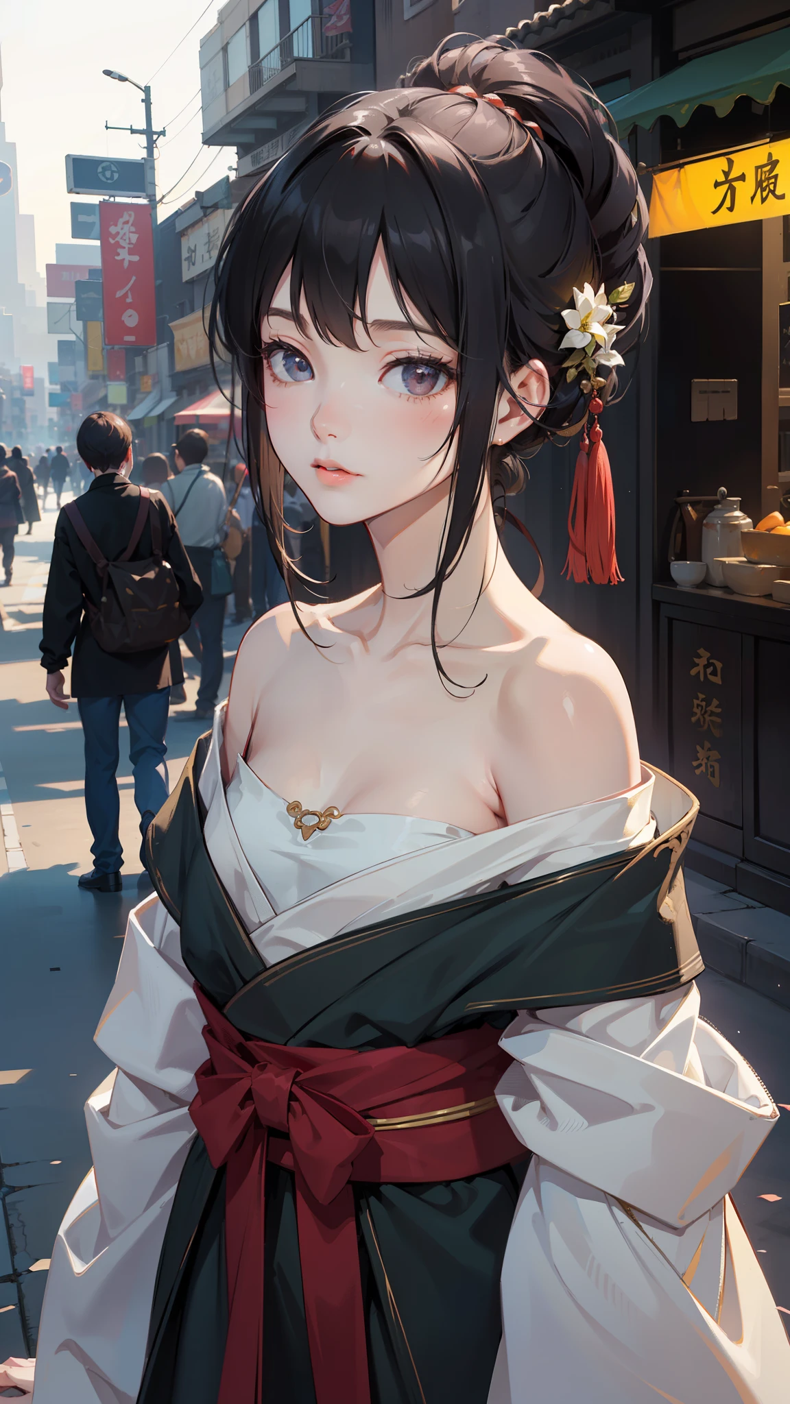 Best Quality, Masterpiece, High Resolution, 1girl, Hanfu, Tang Dynasty Costume, Small, Flat Chest, Collarbone, Off-the-Shoulder Exquisite Face, Realistic, Real People, (High Detail Skin: 1.4), SLR, Soft Light, High Quality, Photo, High Resolution, Background Bokeh, Vintage Street