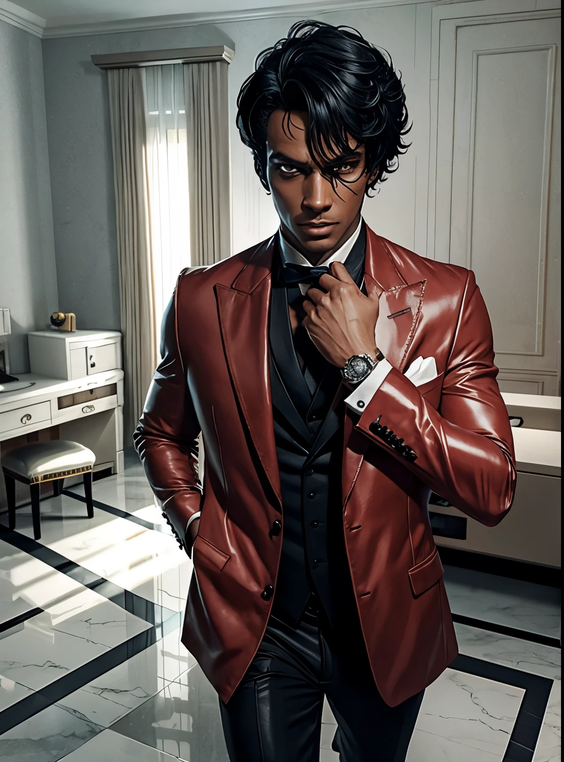 thriller, stormy, a mysterious agent with a white suit and a scar on his face who can disappear from the minimap for a few seconds, a mansion with traps and enemies from Free Fire, 16k, dark



