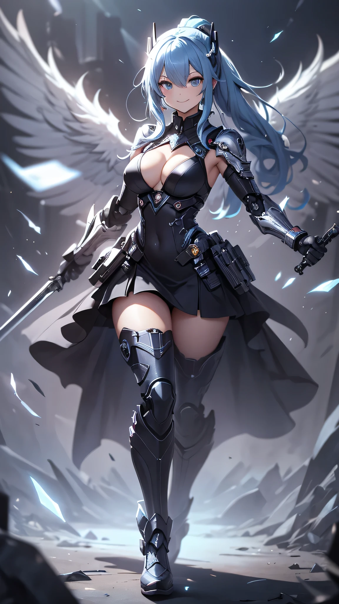 最high quality、best image quality、masterpiece、girl((cyborg、20-year-old、 By becoming、vest bust、medium bust,wide open breast tea、shining eyes, light blue hair、long hair、thin,highest valley、ponytail、robot body、Machine body、half-backed posture、floating state、mechanical sword、sharp mechanical wings、shiny boots、smile、black underwear、black skirt、discharge from the whole body,)),high quality、beautiful art、background((Near future、Machine area))、Flight、debris flies、Depth of written boundary、movie、visual art、perfect art、8k,genuine、