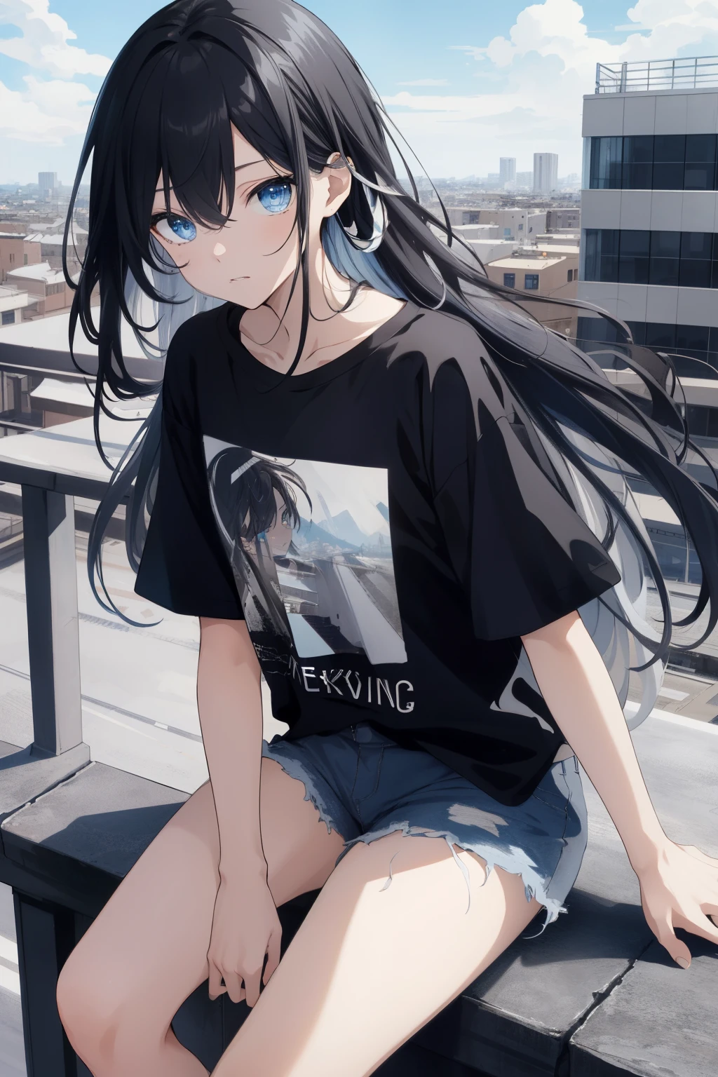 8K, best quality, detailed artwork, high quality, masterpiece, side pov, sitting on the edge of the highest building, dark blue detailed eyes, clear eyes shown, long black shiny flowing hair, (brown jacket flowing with the wind: 0.8), (mixed black and white graphic t-shirt:1.2) , (light blue denim shorts : 1.0), (wearing black cap hair:0.5)