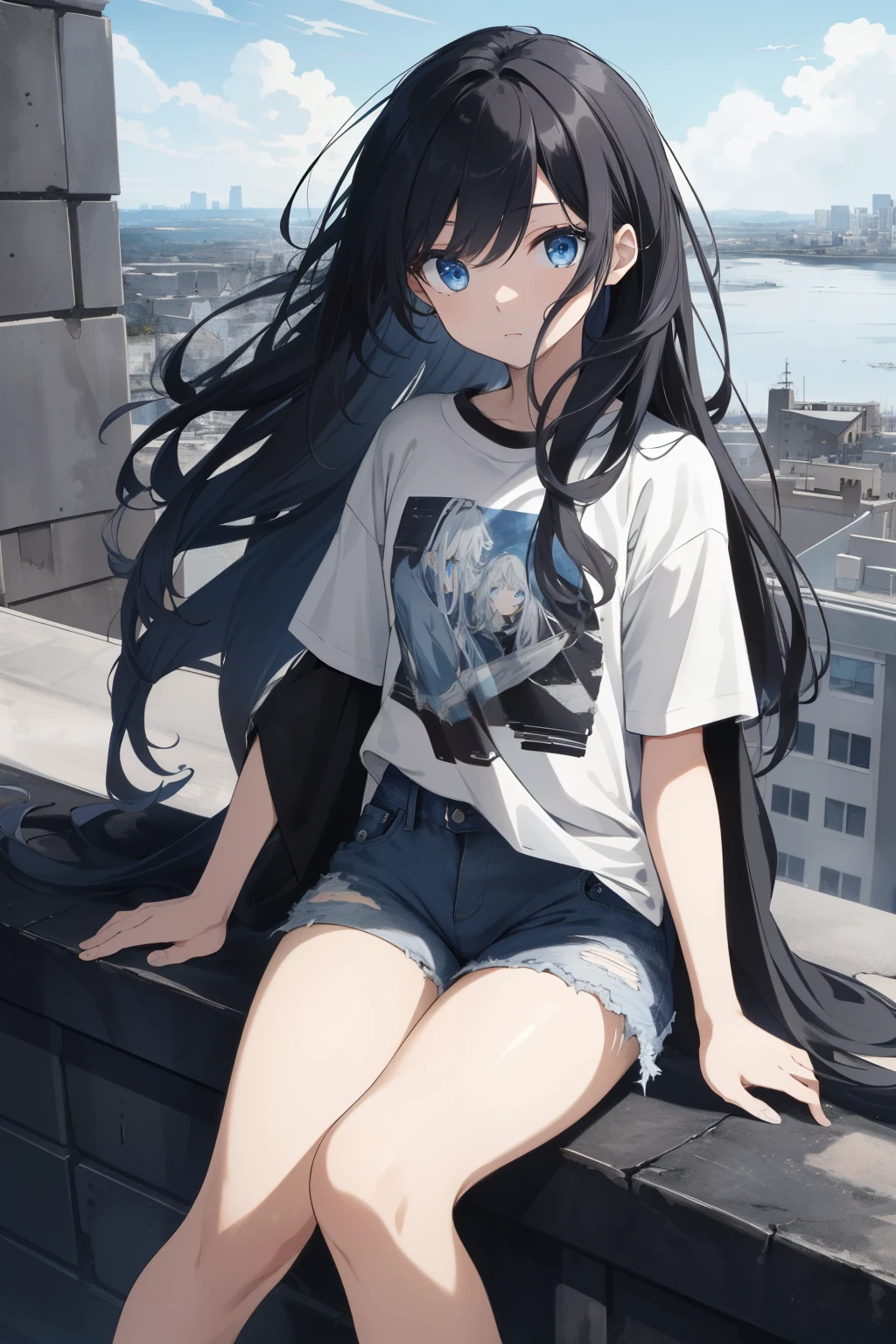 8K, best quality, detailed artwork, high quality, masterpiece, side pov, sitting on the edge of the highest building, dark blue detailed eyes, clear eyes shown, long black shiny flowing hair, (brown jacket flowing with the wind: 0.8), (mixed black and white graphic t-shirt:1.2) , (light blue denim shorts : 1.0), (wearing black cap hair:0.5)