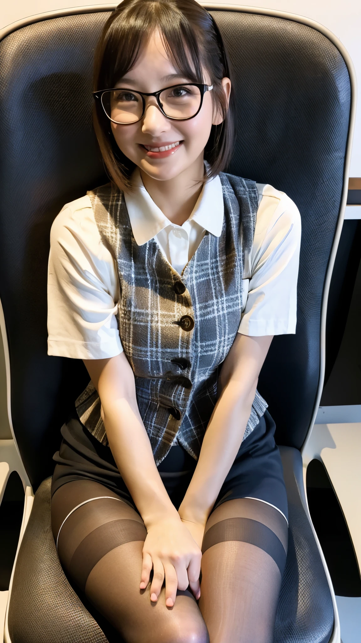 ulzzang-6500-v1.1, (RAW photo:1.2), (Photoreal), (genuine:1.4), (muste piece), A plain and quiet woman wearing glasses and a plaid vest., wear a skirt, with glasses, Slightly chubby body type、(super realistic pantyhose:1.2), thick glasses, Yoshitomo Nara, tits, japanese goddess, with glasses on, sexy girl, Otaku-like appearance, big glasses, wore black glasses, Otaku-like, sexy gaze, (very affectionate smile:1.2)、 ((full body shot:1.14))、sitting on a chair and working、Super realistic skin texture、shiny skin、exposed thighs!!!